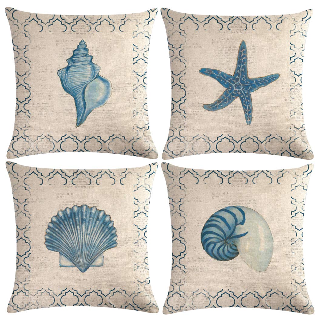 7COLORROOM 4-Pack Vintage Coastal Pillow Covers - 18x18 Inch Beach Theme Cushion Covers with Seashell, Starfish & Nautical Sailing Designs, Soft Cotton Linen Blend for Sofa, Couch, Porch & Living Room Decor (Shell Pattern) - Perfect for Coastal Home Decor, Beach House Styling and Nautical Themed Interiors