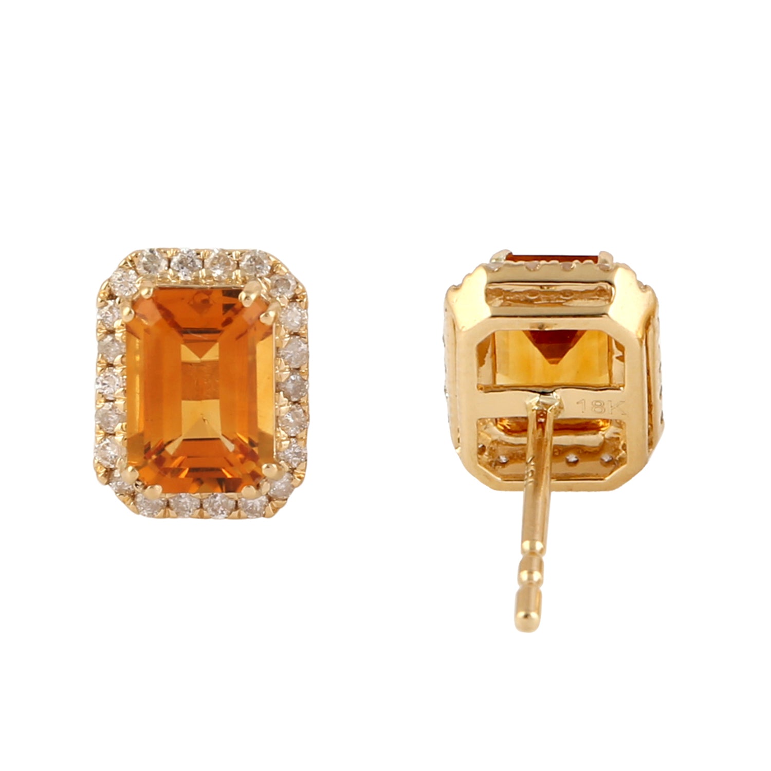 Emerald Cut Citrine Pave Diamond 18k Solid Yellow Gold Stud Earrings | Elegant Gemstone Jewelry for Women | Perfect for Weddings, Parties & Special Occasions