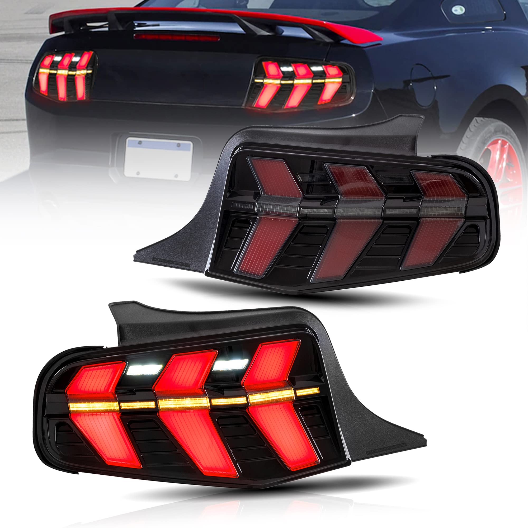 VLAND LED Tail Lights for Ford Mustang 2010-2012 - Sequential Amber/Red Turn Signals, Red Brake Light, 7 Lighting Modes, Smoke Lens (Driver & Passenger Side) | Upgrade Your Mustang's Style & Safety for Night Driving & Car Shows