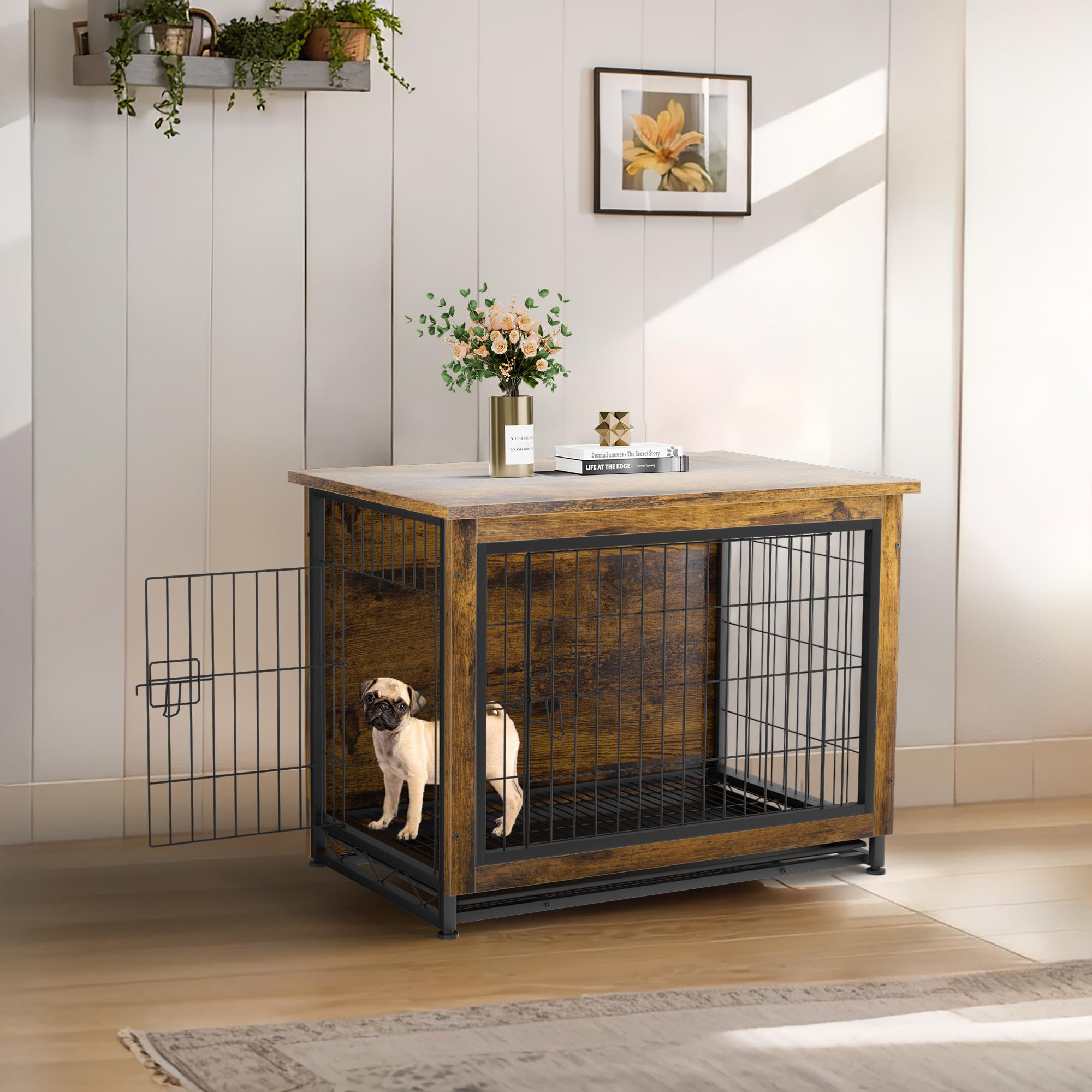 Premium Wooden Dog Crate Furniture with Double Doors - Indoor Dog Kennel, Pet House & Cage in Brown - Perfect for Living Rooms, Bedrooms & Home Decor