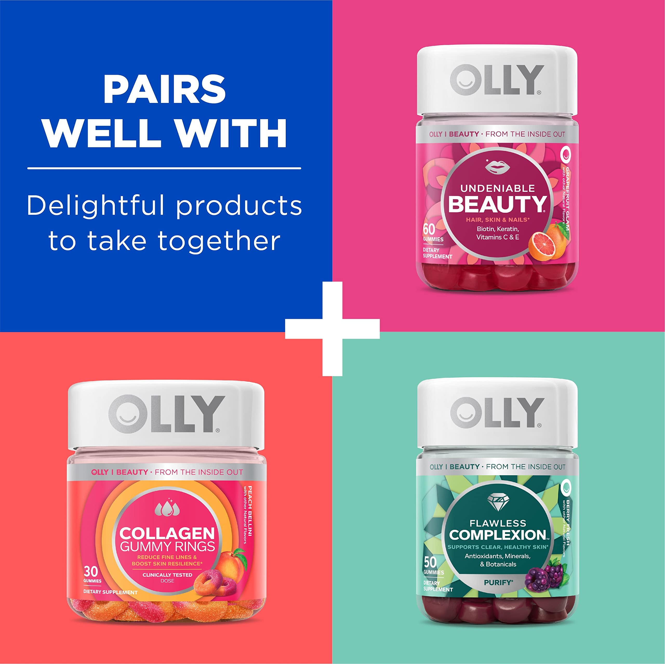 OLLY Glowing Skin Collagen Gummy Supplement with Hyaluronic Acid & Sea Buckthorn - Berry Flavor (50ct Bottle + 120ct Pouch) for Hydrated, Youthful Skin - Perfect for Daily Beauty Routine & On-the-Go Skincare Boost