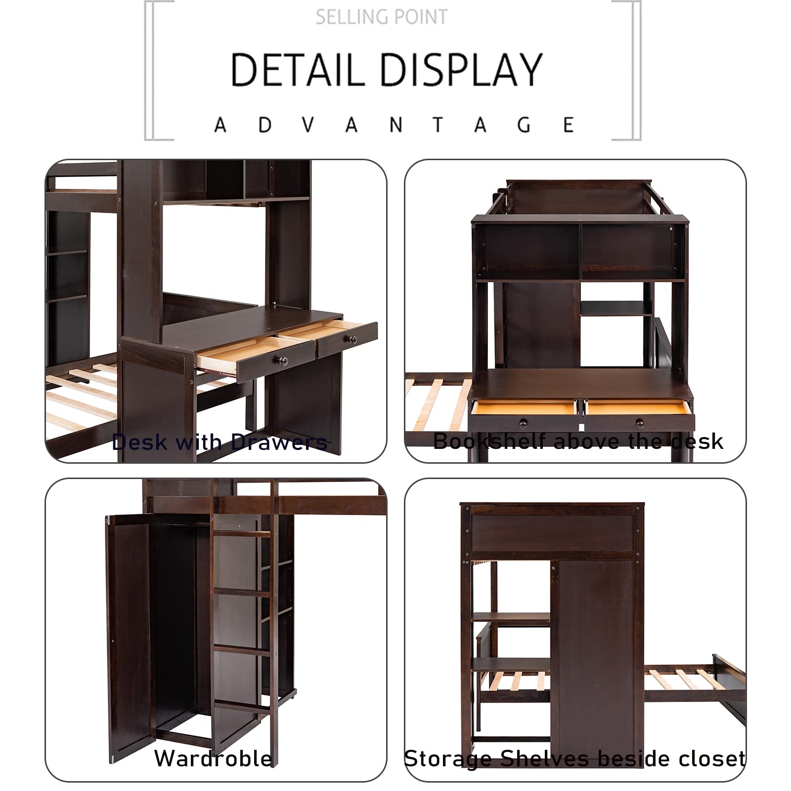 Twin Over Twin Bunk Beds with Desk & Storage - Wooden Loft Bed with Removable Twin Bed, Wardrobe, Shelves, Ladder & Guardrails for Kids - Space-Saving Bedroom Solution for Small Rooms, Dorms or Shared Kids' Rooms (Espresso Finish)