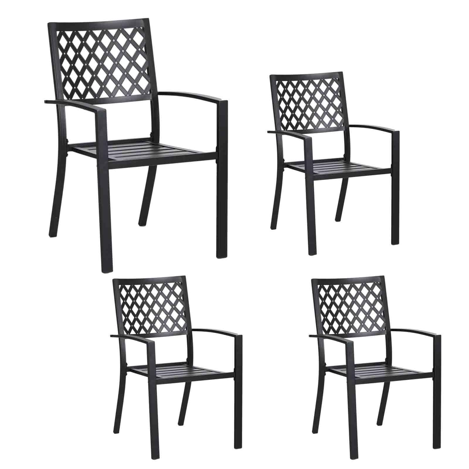 PHI VILLA 4-Piece Black Wrought Iron Outdoor Dining Chair Set - Stackable Patio Bistro Chairs with Armrests & Fishnet Pattern Design for Garden, Poolside, and Restaurant Outdoor Seating