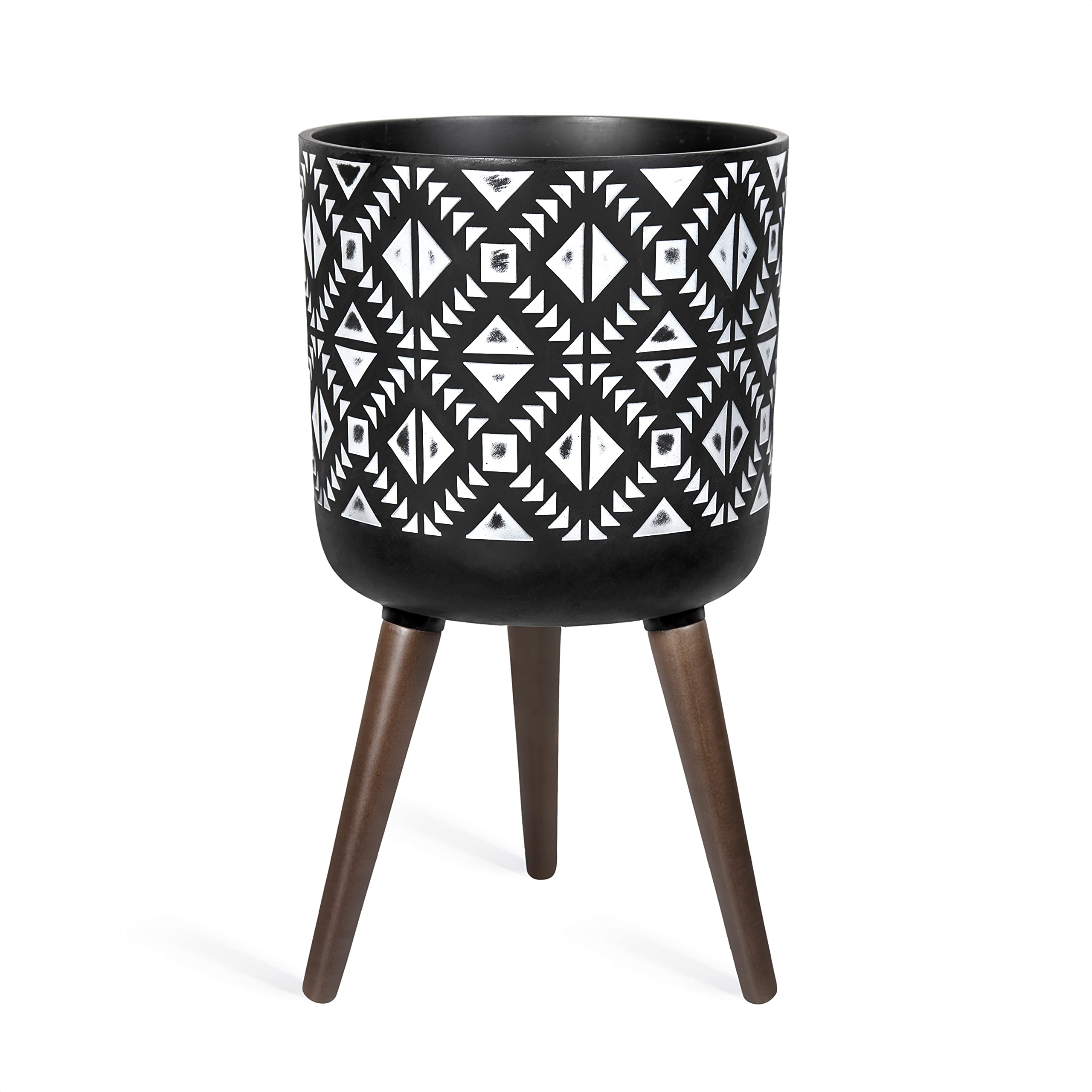 12 Inch Mid-Century Modern Planter Pot with Stand - Tall Indoor Plant Pot with Legs for Large Plants - Charcoal Grey & White - Perfect for Living Room, Office, or Home Decor (88-ST-7-L)