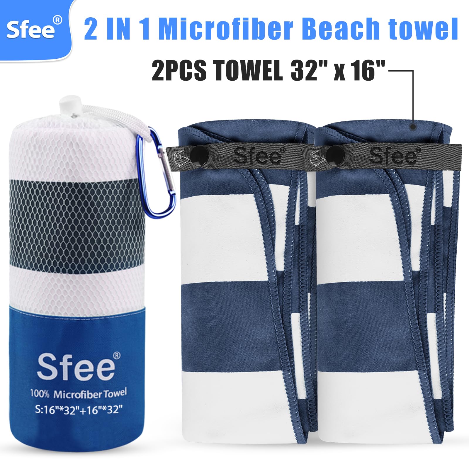 Sfee 2 in 1 Microfiber Travel Towel - Quick Dry, Super Absorbent & Lightweight Camping, Beach, Gym Towel Set (32''x16'') - Perfect for Hiking, Swimming, Yoga, Travel & Sports Activities