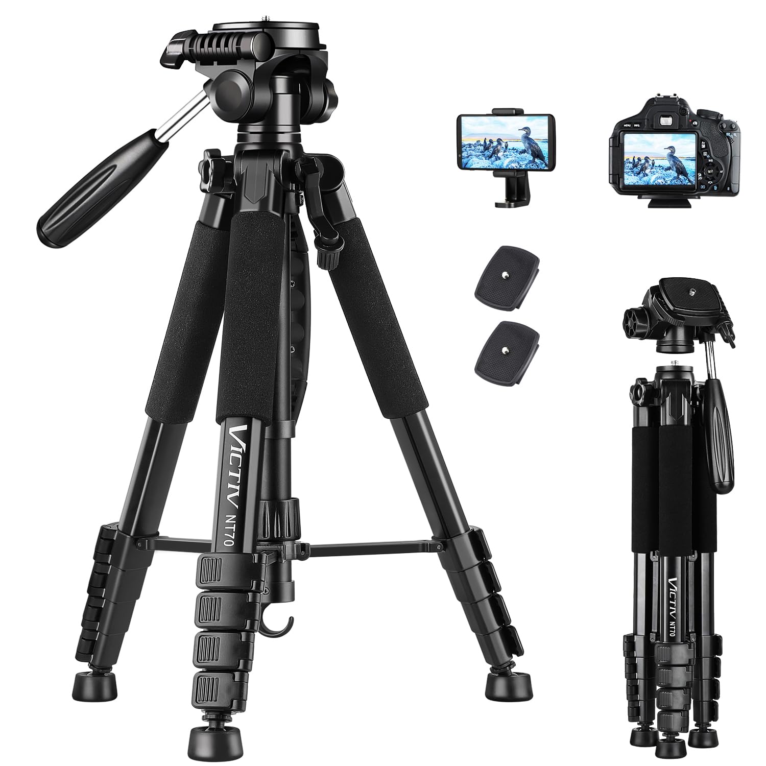 Victiv 52-185cm Lightweight Aluminum Camera Tripod with Removable 3-Way Head - DSLR Tripod for Canon Nikon Sony, Smartphone Tripod with Phone Mount - Perfect for Travel, Vlogging & Photography