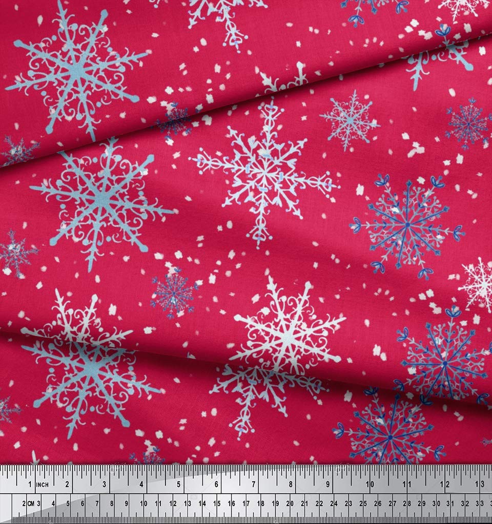 Soimoi Moss Georgette Pink Fabric by The Yard - 42 Inch Wide Printed Fabric with Snowflakes & Stars Pattern - Winter Whimsy Design for Dresses, Scarves, DIY Crafts & Home Decor Projects