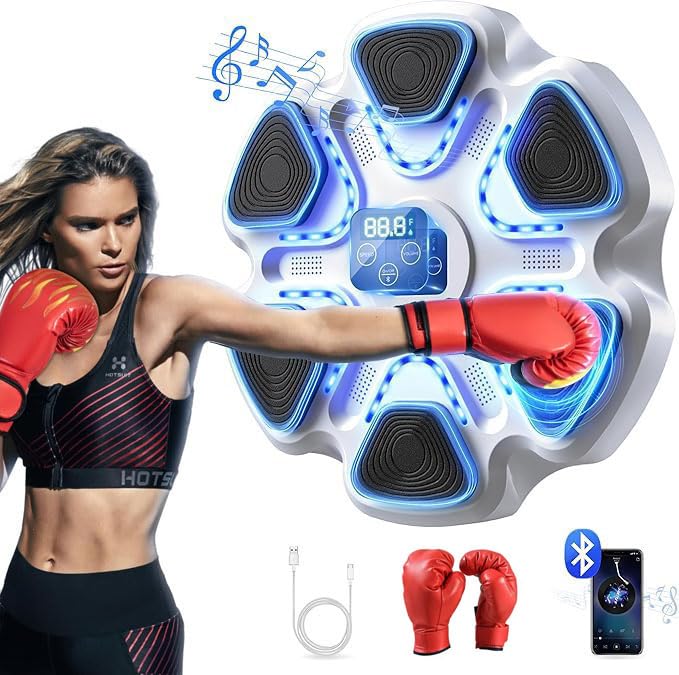 Music Boxing Training Pad with Boxing Gloves - USB Rechargeable Wireless Punching Bag with LED Lights & Sound Effects | Wall Mounted Home Gym Equipment for Cardio & Strength Training | Perfect for Home Workouts, Boxing Practice & Fitness Enthusiasts