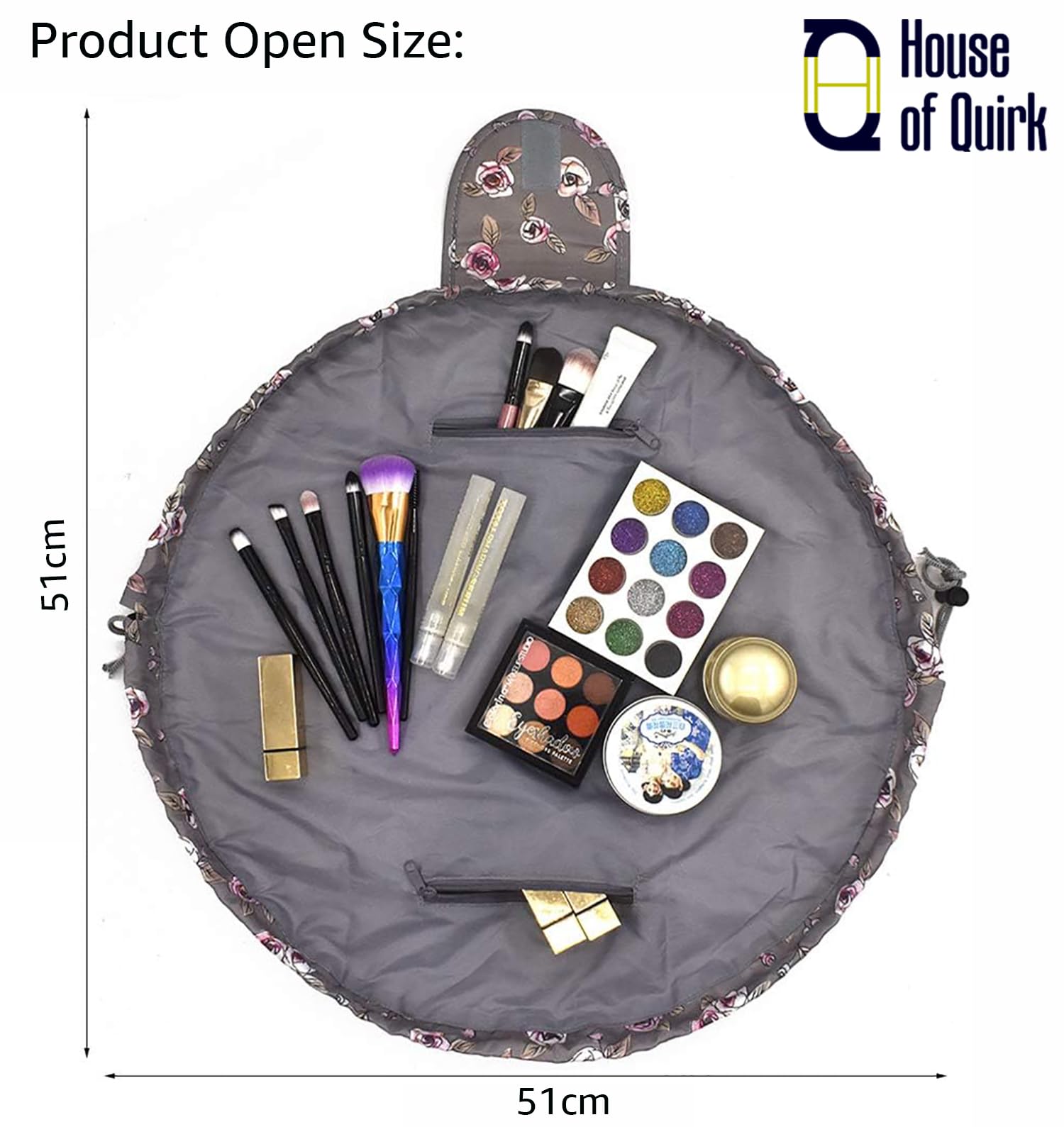 House of Quirk Multifunctional Drawstring Makeup Pouch - Cosmetic & Toiletry Organizer Bag for Women (Grey Floral Pattern) - Perfect for Travel, Gym & Daily Beauty Essentials Storage