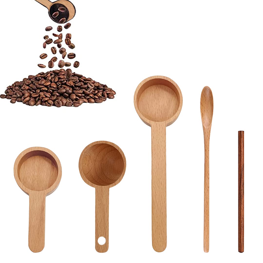 Premium Wooden Coffee Scoop Set of 5 - Measuring Spoons for Ground Coffee, Beans, Sugar, Spices & Tea | Perfect for Coffee Shops, Home Brewing & Kitchen Organization