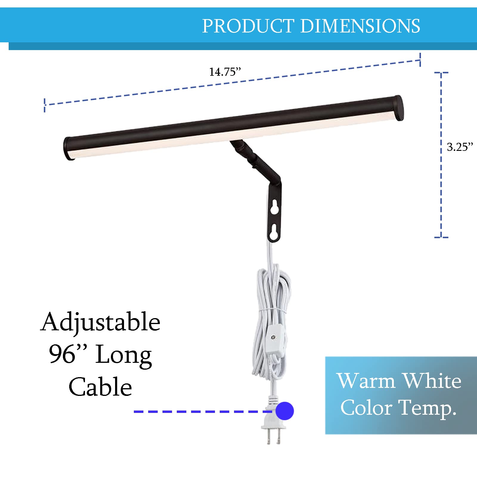 Ciata 14-Inch LED Picture Light for Wall Art - 3000K Warm White, 4W Adjustable Metal Frame Light with In-Line On/Off Switch, 90+ CRI, Oil Rubbed Bronze Finish - Perfect for Gallery, Museum & Home Decor Lighting