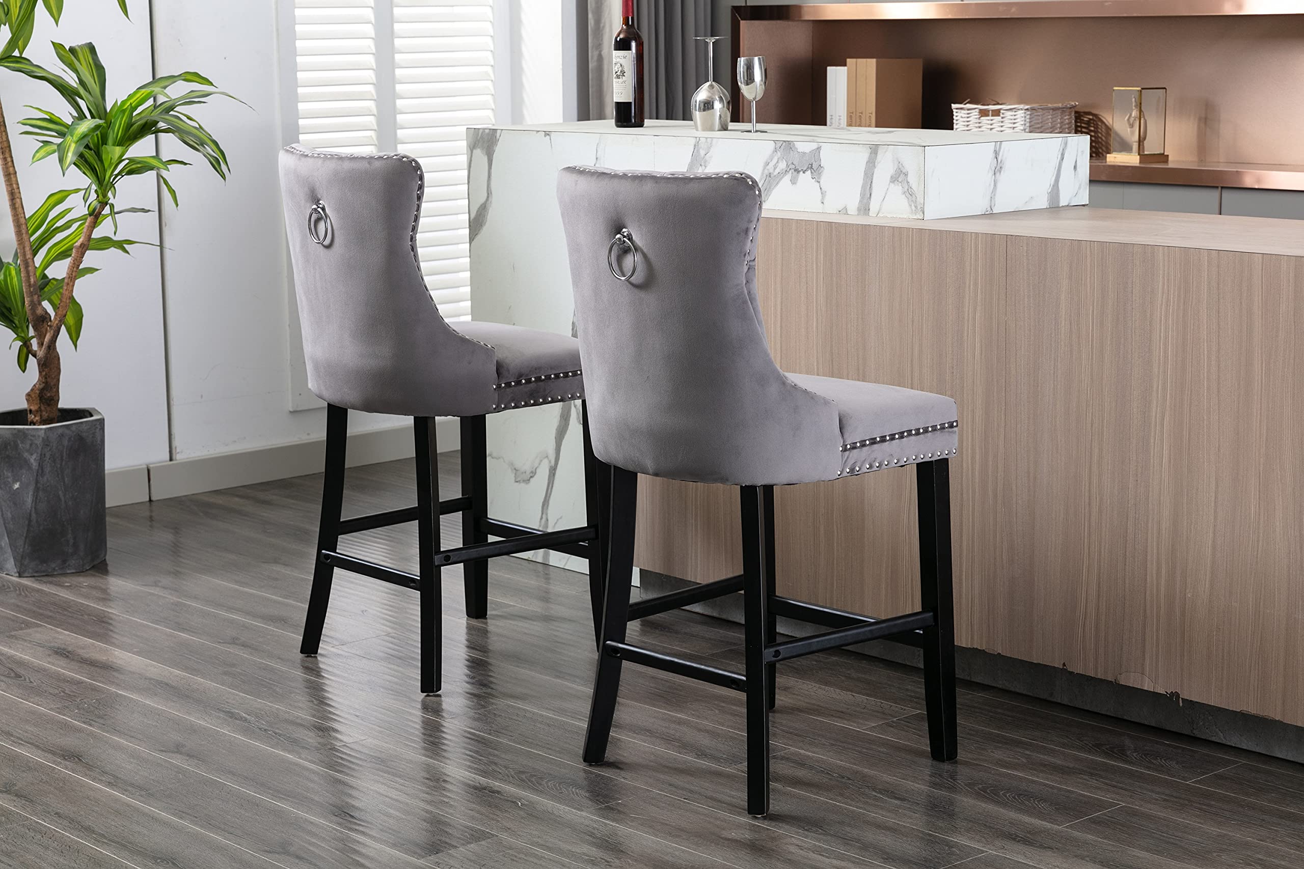 Luxury Velvet Fabric Dining Bar Chairs - Tufted Back with Nailed Trim & Ring Pull - Armless Counter Height Chairs for Kitchen & Home - Solid Rubber Wood Legs - Set of 2 Grey Bar Stools - Perfect for Breakfast Nook, Kitchen Island & Small Space Dining