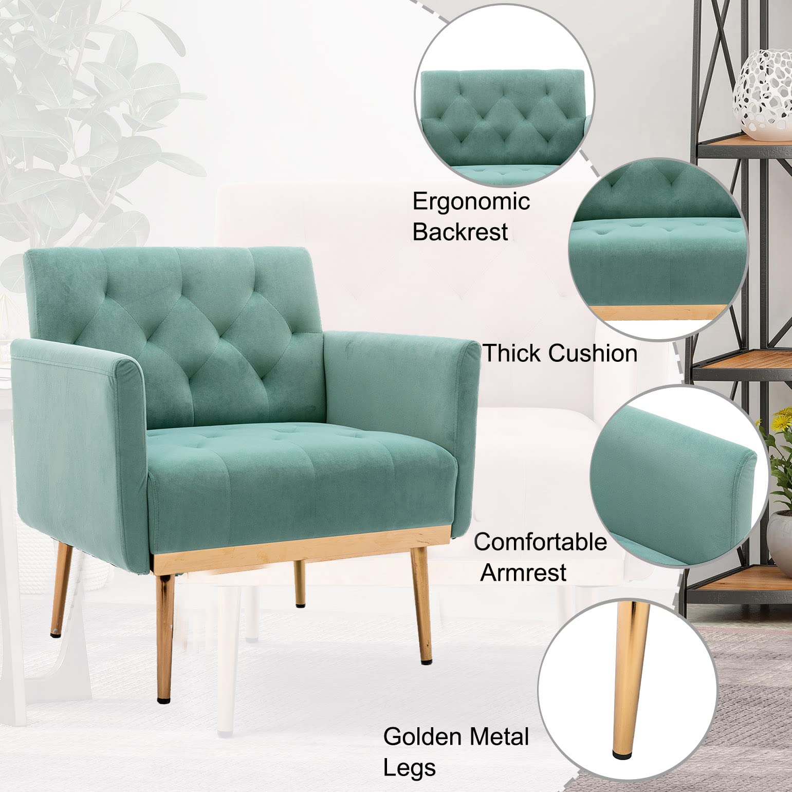 HomVent Modern Accent Arm Chair - Upholstered Barrel Sofa with Gold Metal Legs for Living Room, Bedroom & Home Office - Comfy Single Seater in Mint Green - Perfect for Relaxing, Reading & Enhancing Home Decor