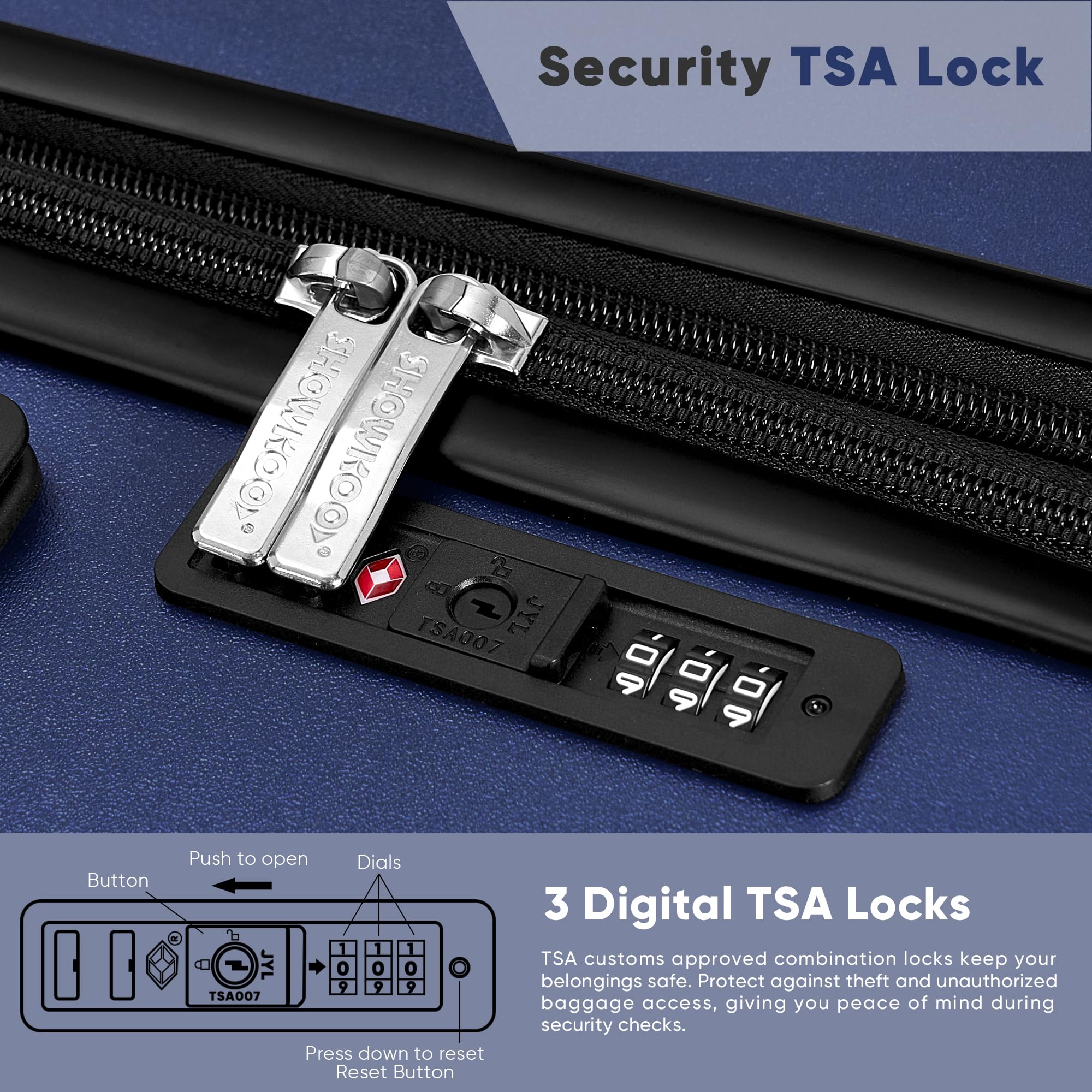 SHOWKOO 3-Piece Hardside Luggage Set - 100% Polycarbonate, Ultra Durable & Expandable Suitcases with TSA Lock & 360° Spinner Wheels (20in, 24in, 28in, Blue) - Perfect for International Travel, Family Vacations & Business Trips