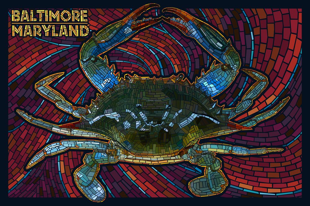 Blue Crab Paper Mosaic Art Print - 24x36 Signed Wall Decor Poster - Maryland Baltimore Inspired - Perfect for Coastal, Seafood Restaurant & Beach House Decor