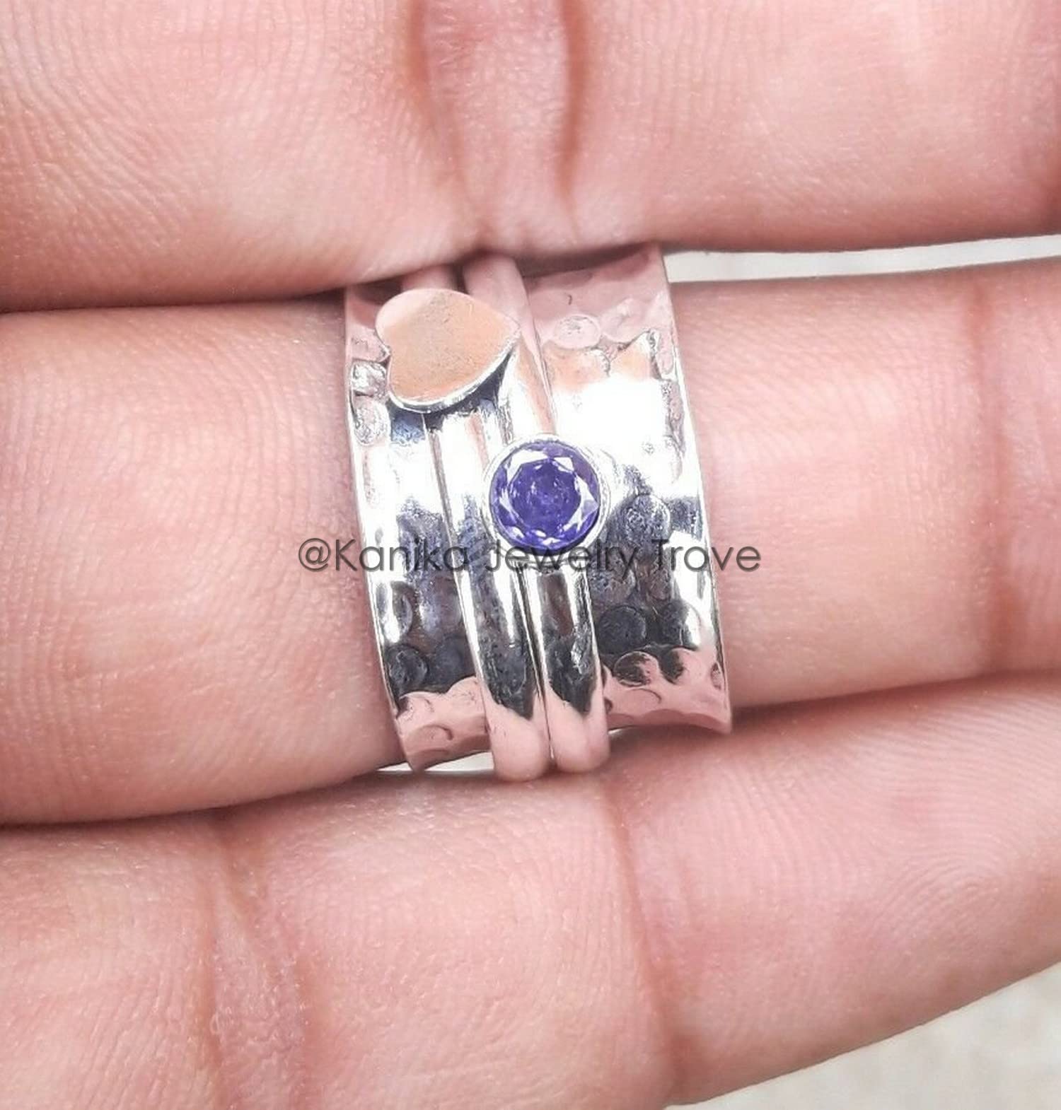 Hammered 925 Sterling Silver Spinner Ring with Natural Amethyst - Adjustable Meditation & Thumb Ring for Men & Women - Perfect Birthday, Mother's Day Gift (Size 8.5) - Ideal for Stress Relief, Anxiety Reduction & Mindful Focus