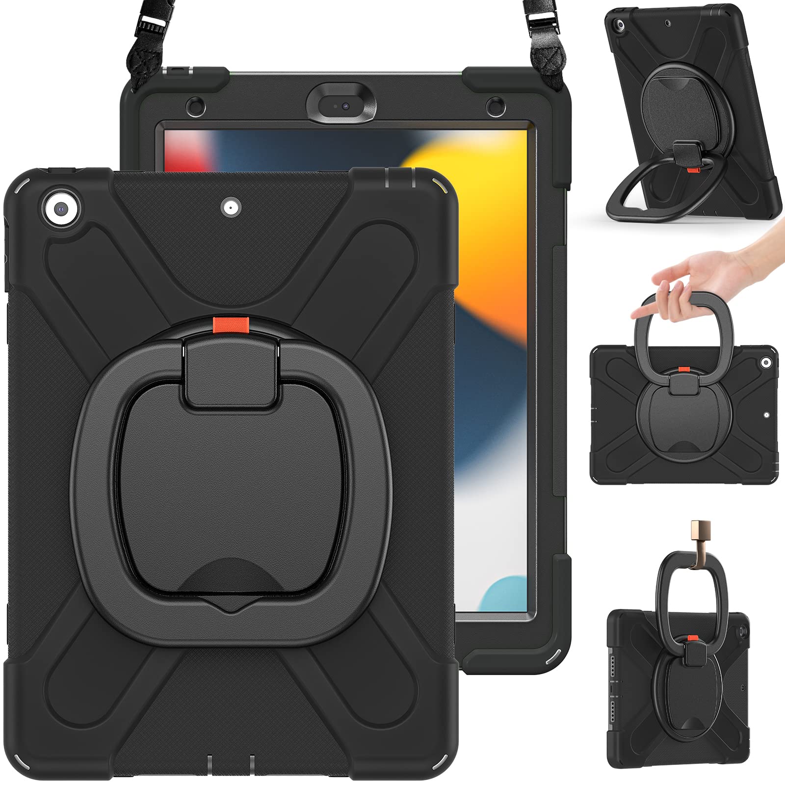 BRAECN Shockproof Hybrid Case for iPad 9th/8th/7th Generation 10.2 Inch - Rugged Silicone Cover with Kickstand, Pencil Holder, Handle Grip & Shoulder Strap (Black) - Perfect for Work, School & Travel