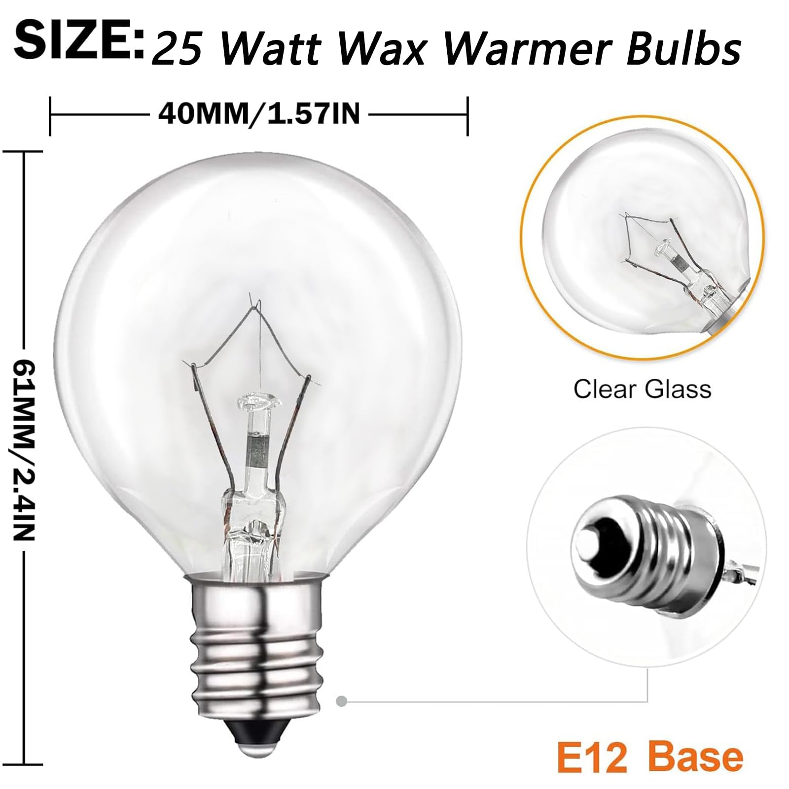 25 Watt Wax Warmer Bulbs - 6 Pack G40 E12 Base Light Bulbs for Scentsy Warmers, 120V Dimmable Warm White Candle Lamp Bulbs - Perfect for Aromatherapy, Home Fragrance & Relaxation Spaces