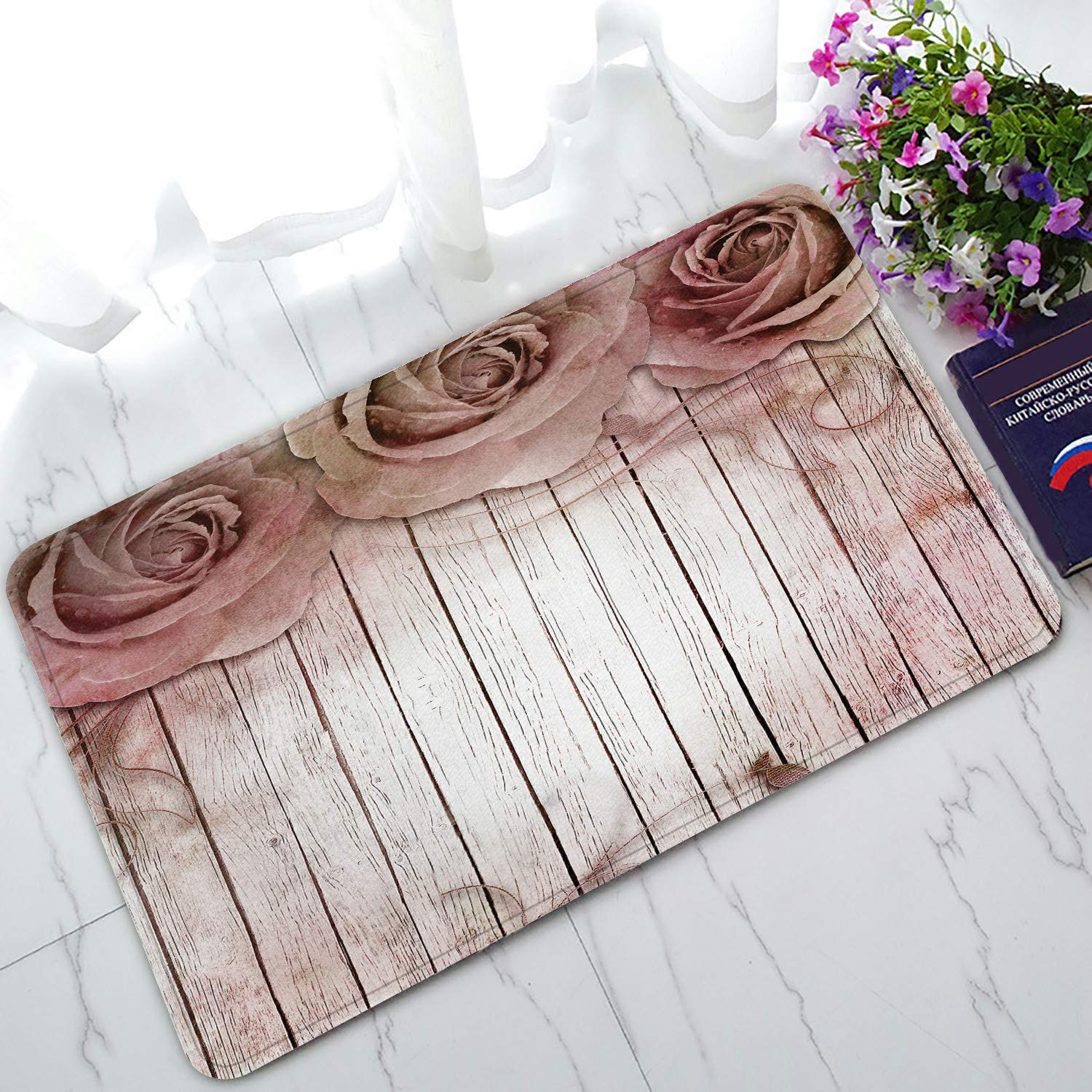 ECZJNT Wooden Roses Welcome Doormat - Non-Slip Bath & Entrance Rug - 30x18 Inch Cozy Floor Mat for Home Decor - Perfect for Front Door, Bathroom & Indoor Use