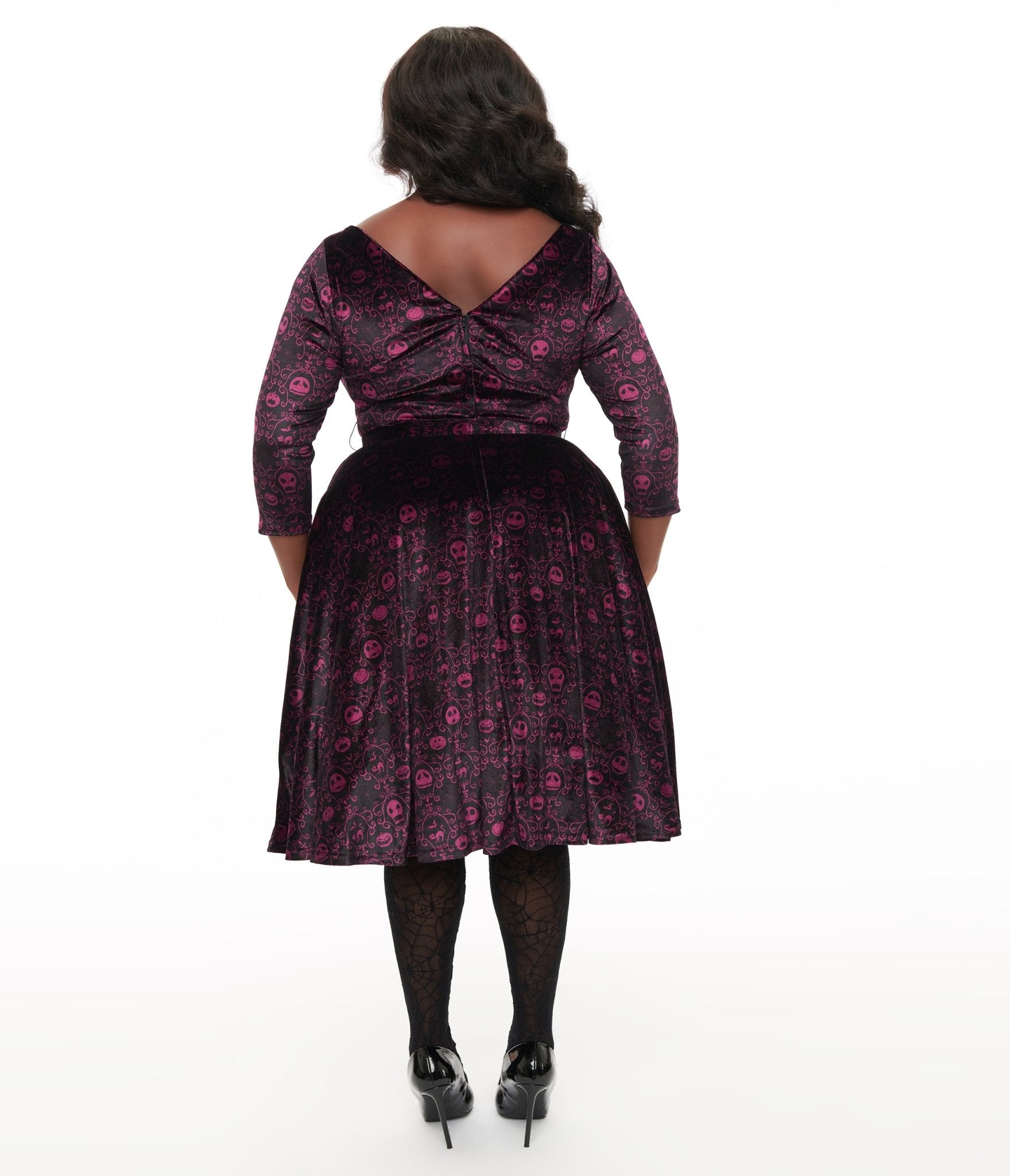 Unique Vintage Plus Size Eggplant Baroque Jack Skellington Devon Swing Dress - Tim Burton's The Nightmare Before Christmas Inspired Gothic Fashion | Perfect for Halloween Costumes, Christmas Parties & Alternative Style Outfits