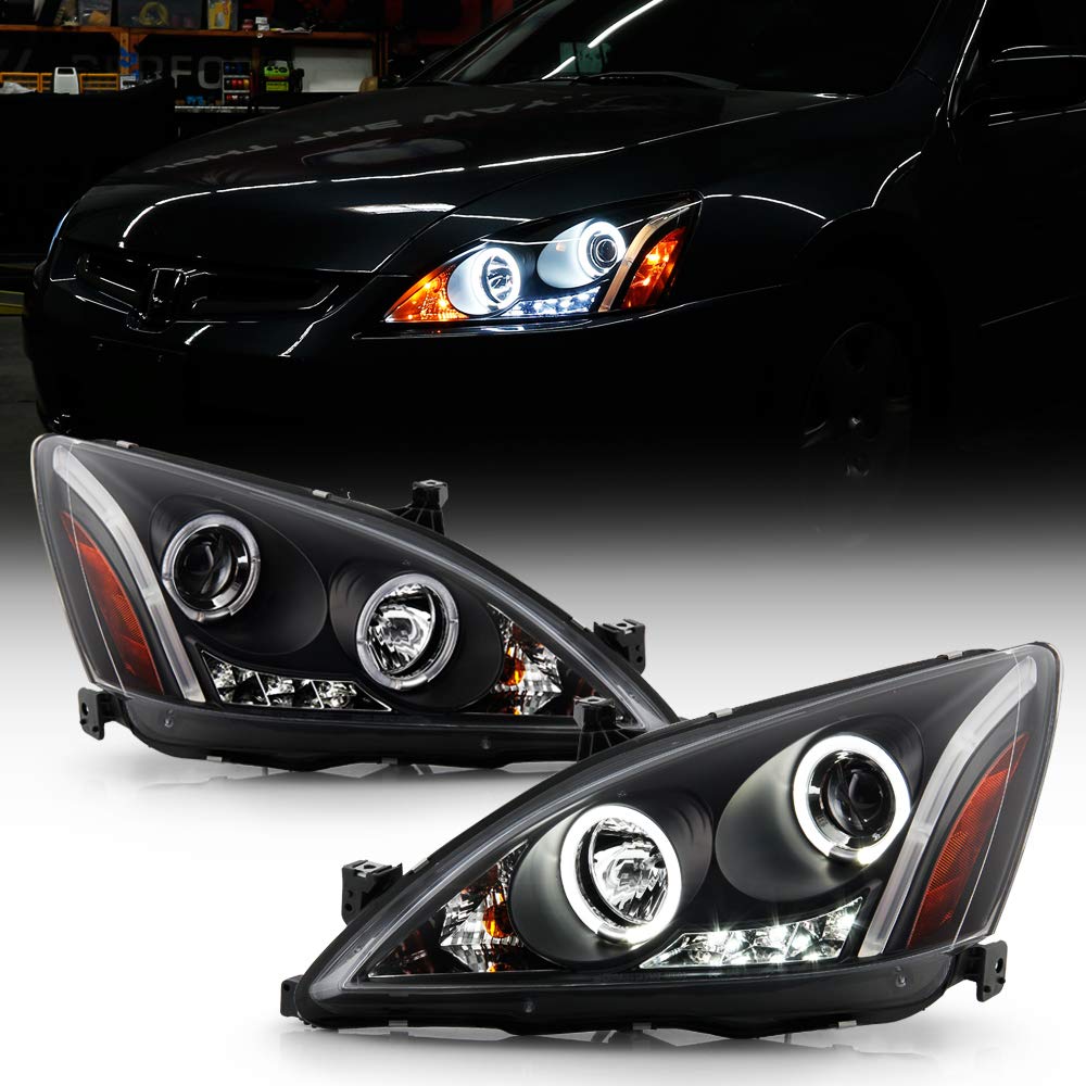 ACANII LED Dual Halo Black Housing Projector Headlights for 2003-2007 Honda Accord - Driver & Passenger Side - High Performance Replacement Headlamps for Night Driving and Enhanced Visibility