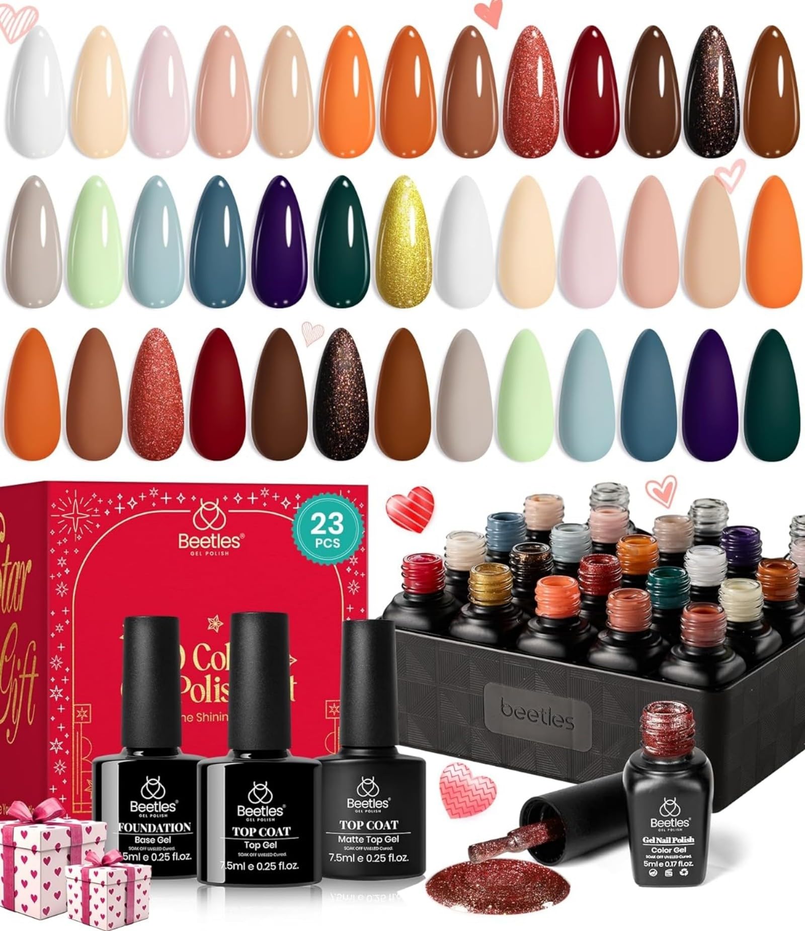 Beetles 23Pcs Gel Nail Polish Kit - Base Coat, Top Coat, Orange, Brown, Burgundy, Red, Gray & Golden Colors - Soak Off UV/LED Lamp Compatible - Gift for Women & Girls - Perfect for Home Manicures, Nail Salons & DIY Nail Art