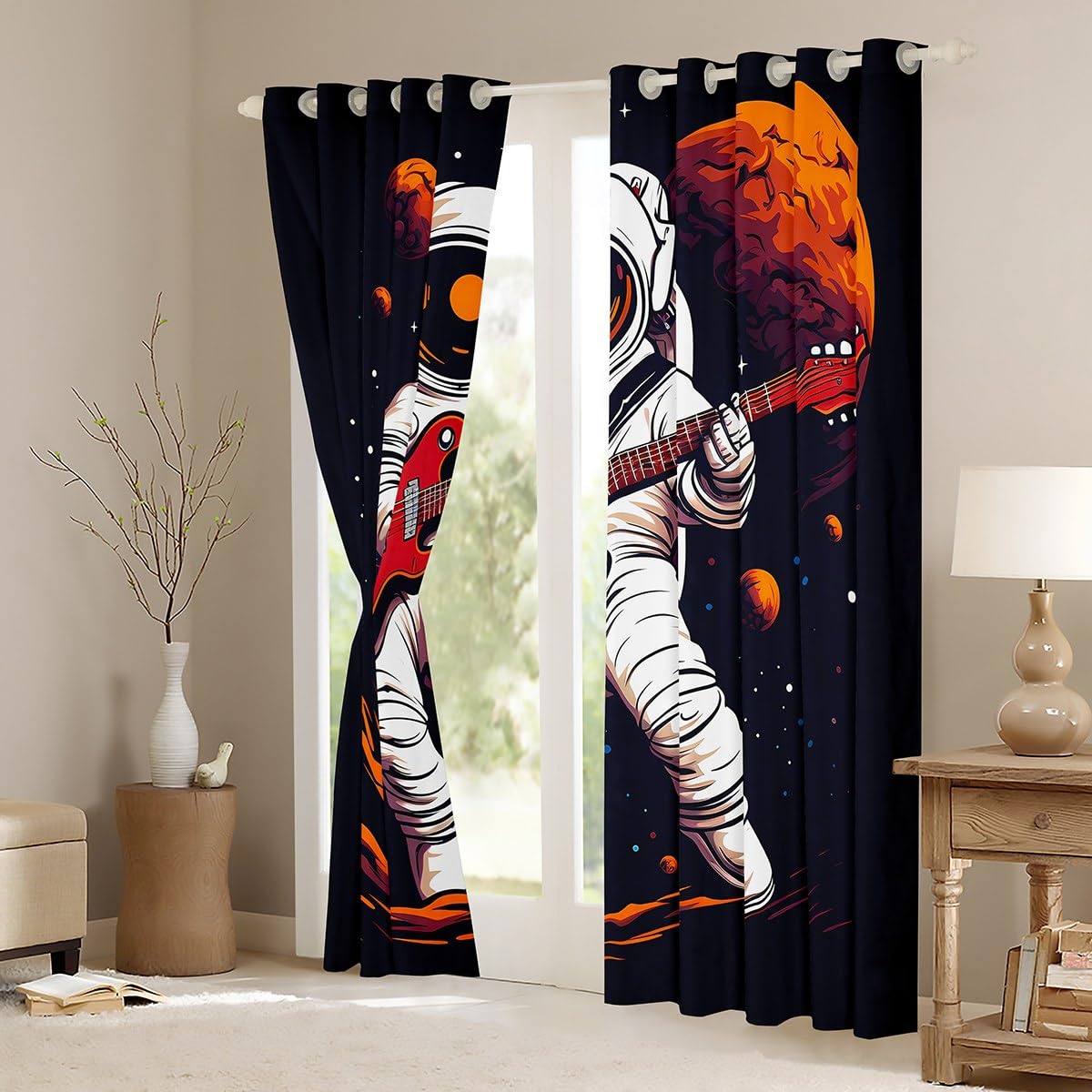 Kids Astronaut & Guitar Window Curtains - Galaxy Space Theme Rock Music Drapes for Boys Bedroom (104x96 Inch, Navy Blue) | Perfect for Teen Room Decor, Nursery, Playroom & Space-Themed Parties