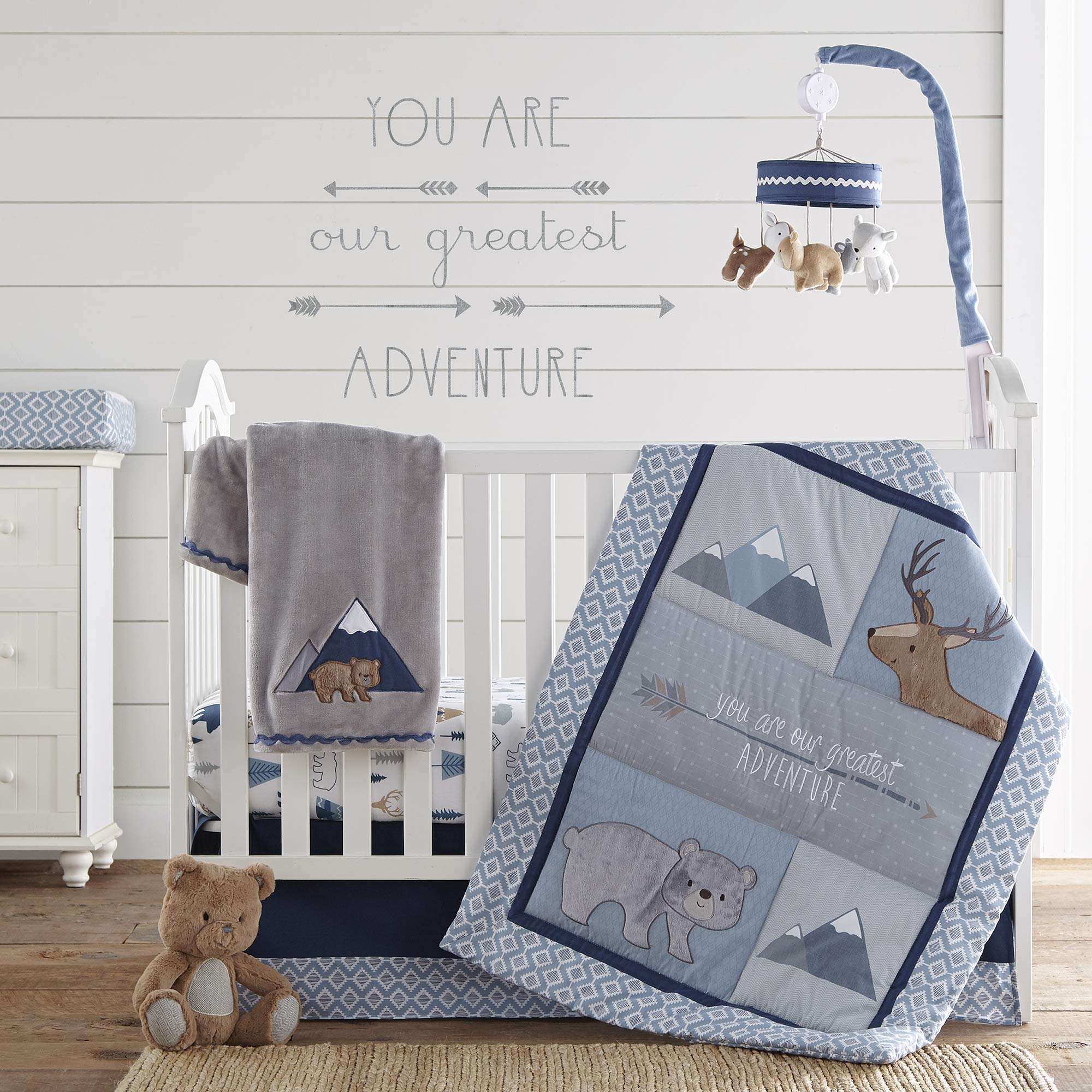 Levtex Baby Emerson 4-Piece Crib Bedding Set - Navy Blue Grey Tan Animal Adventure Nursery Collection - Quilt, Fitted Sheet, Dust Ruffle & Wall Decal for Newborn Infant Bedroom Decor