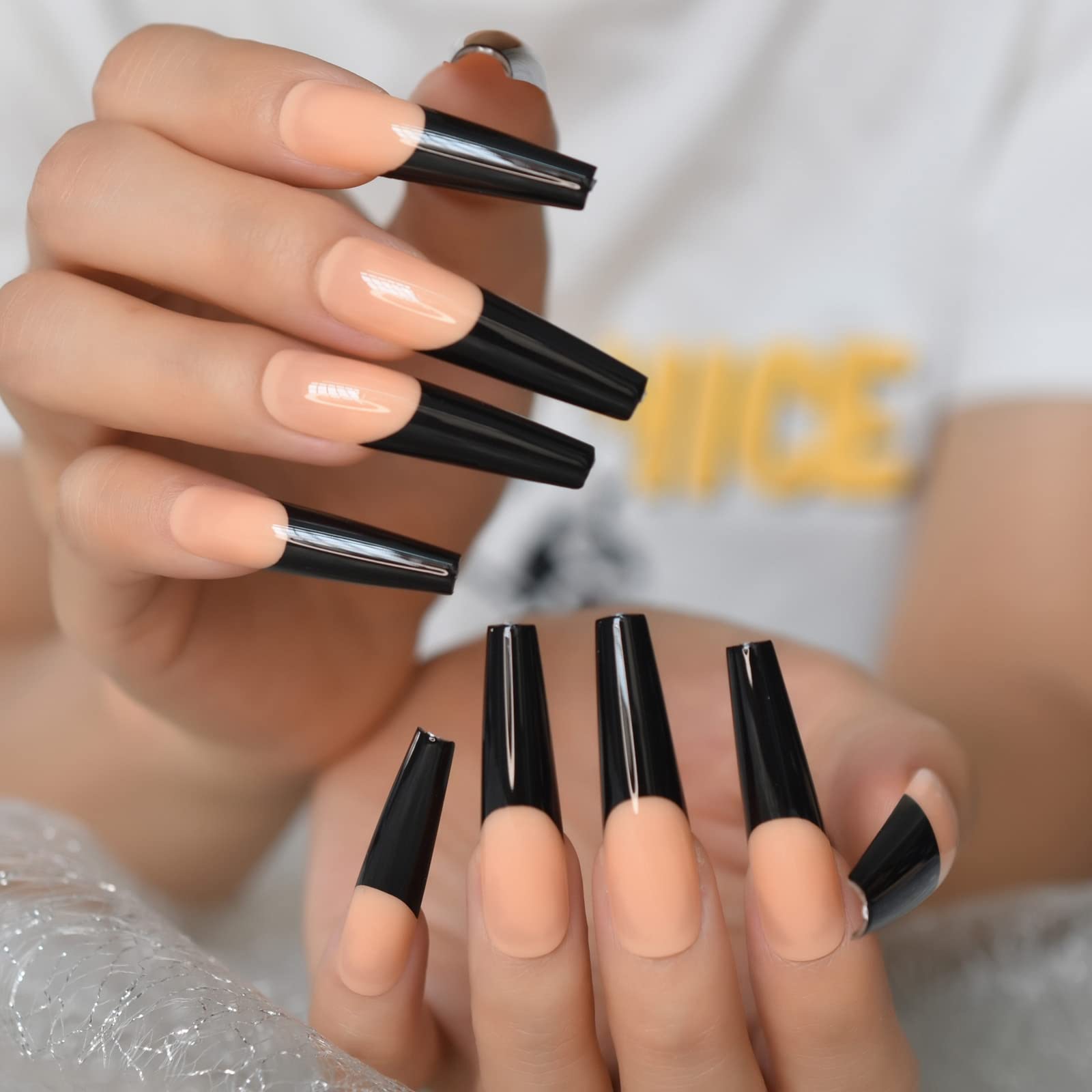 XXL Long Coffin Press On Nails - Orange & Black French Tip Fake Nails | Full Cover Glossy Ballerina False Nails for Manicure | Perfect for Halloween, Parties & Special Occasions