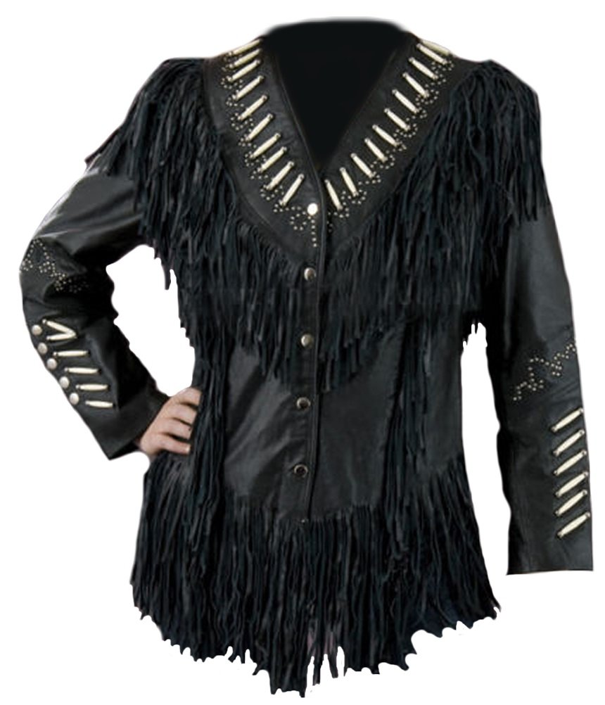 LEATHERAY Women's Western Fringe & Bones Leather Jacket - Premium Black Cowhide Biker Jacket (XS-5XL) | Perfect for Motorcycle Riding, Country Music Festivals & Vintage Fashion Outfits