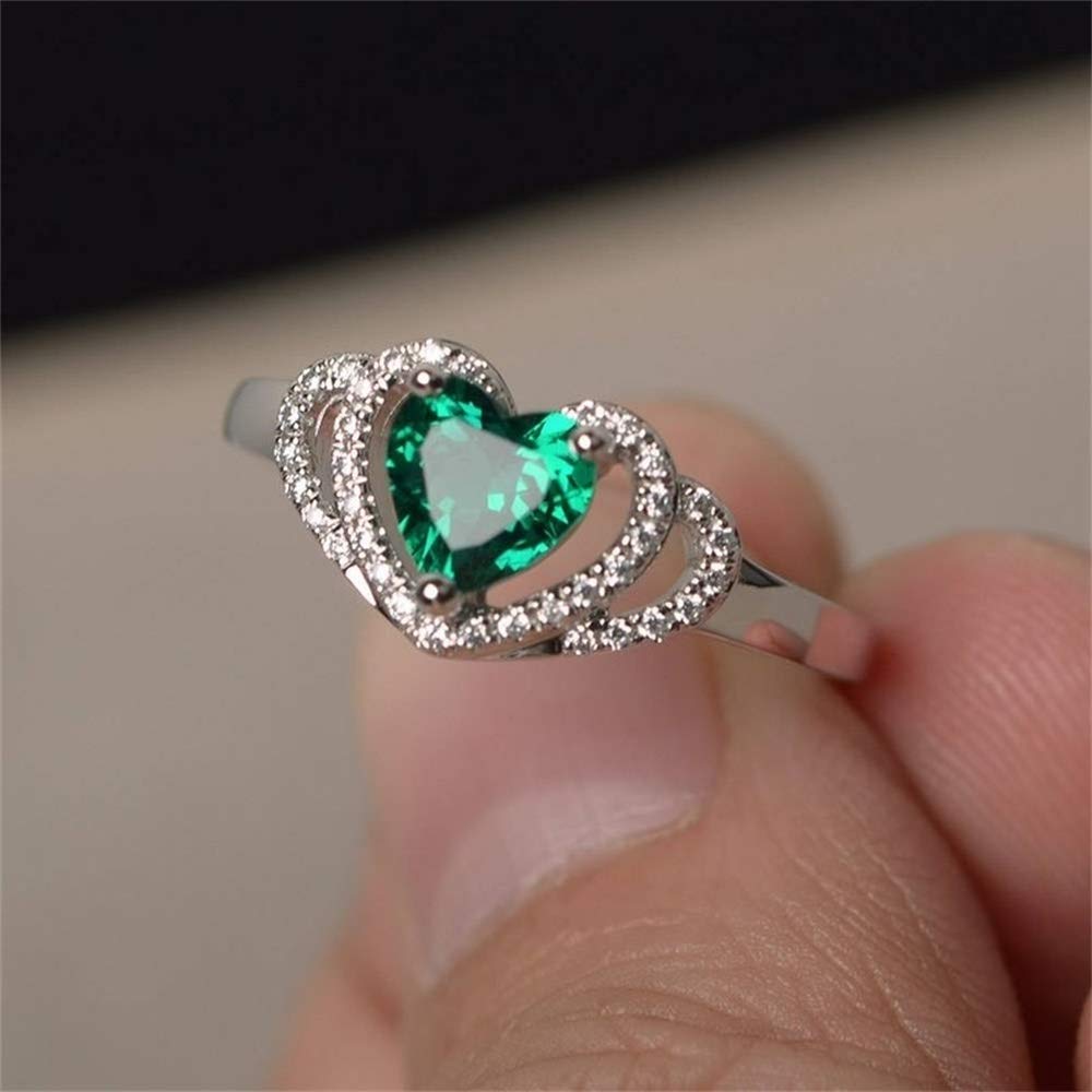 925 Sterling Silver Heart-Shaped Emerald & Cubic Zirconia Ring - Elegant CZ Eternity Wedding Band for Women (Size 8) | Perfect for Engagement, Anniversary & Romantic Gifts