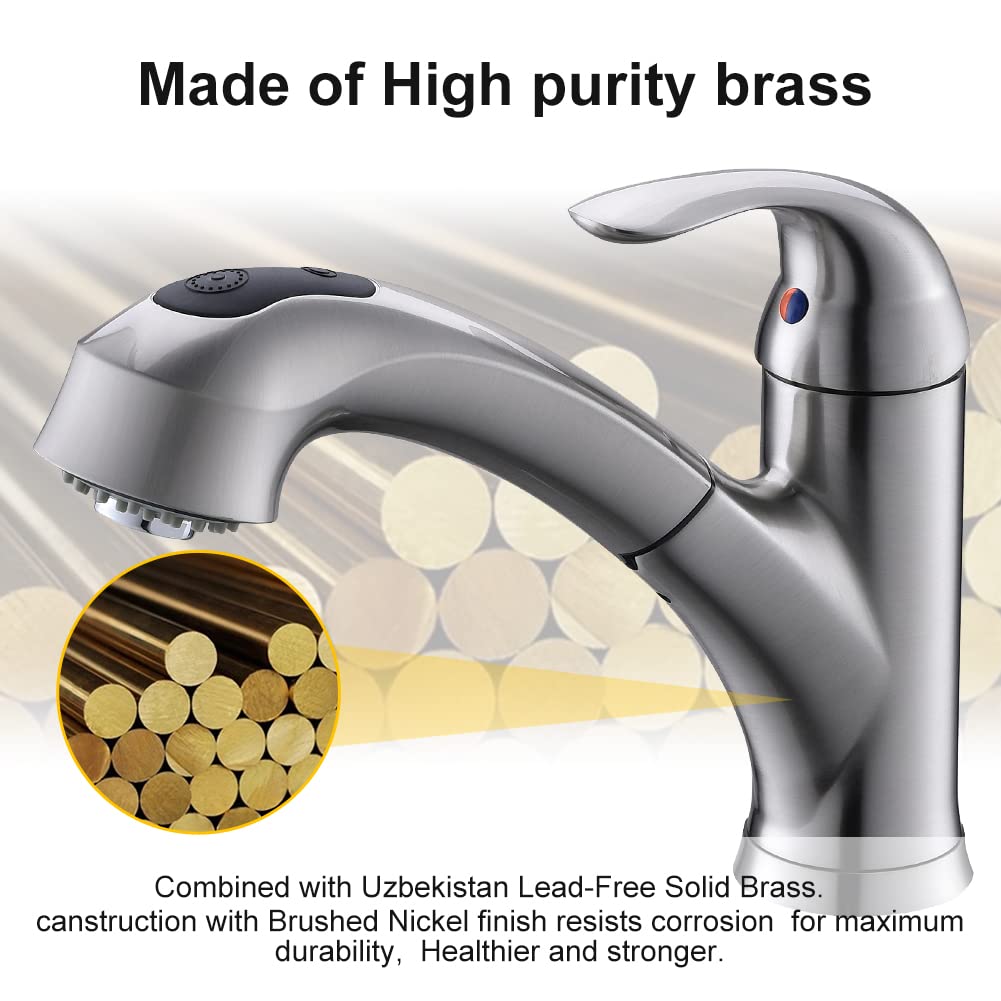High-Quality Brushed Nickel Pull-Out Sprayer Kitchen Faucet - Single Handle 1-Hole Commercial RV Sink Faucet with 2 Spray Modes & 150° Rotation - Lead-Free Solid Brass Construction - Perfect for Modern Kitchens, Restaurants, and RV Living Spaces