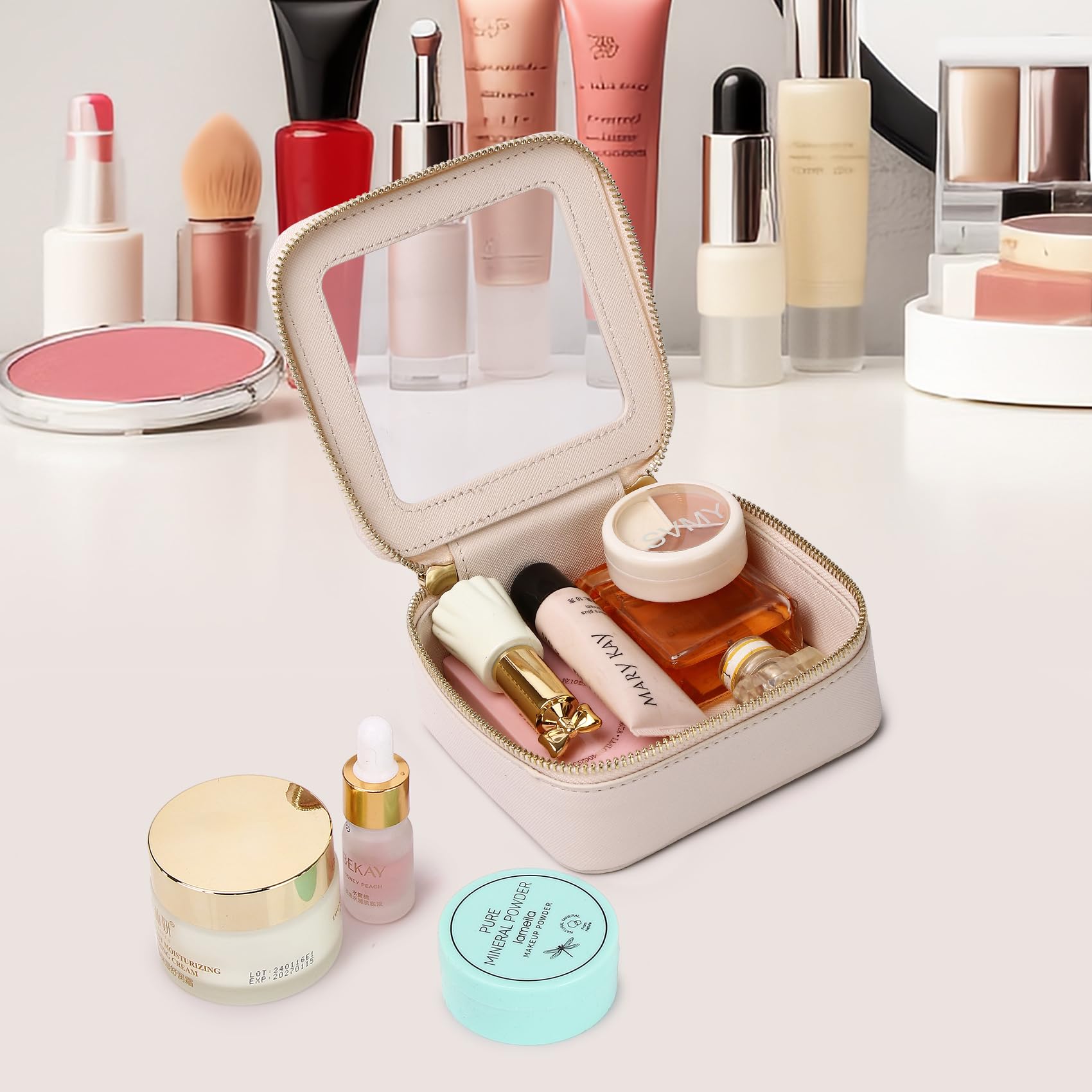 Small Clear Makeup Bag - Mini Cosmetic & Toiletry Organizer with Zipper for Travel, Car Essentials (Beige)