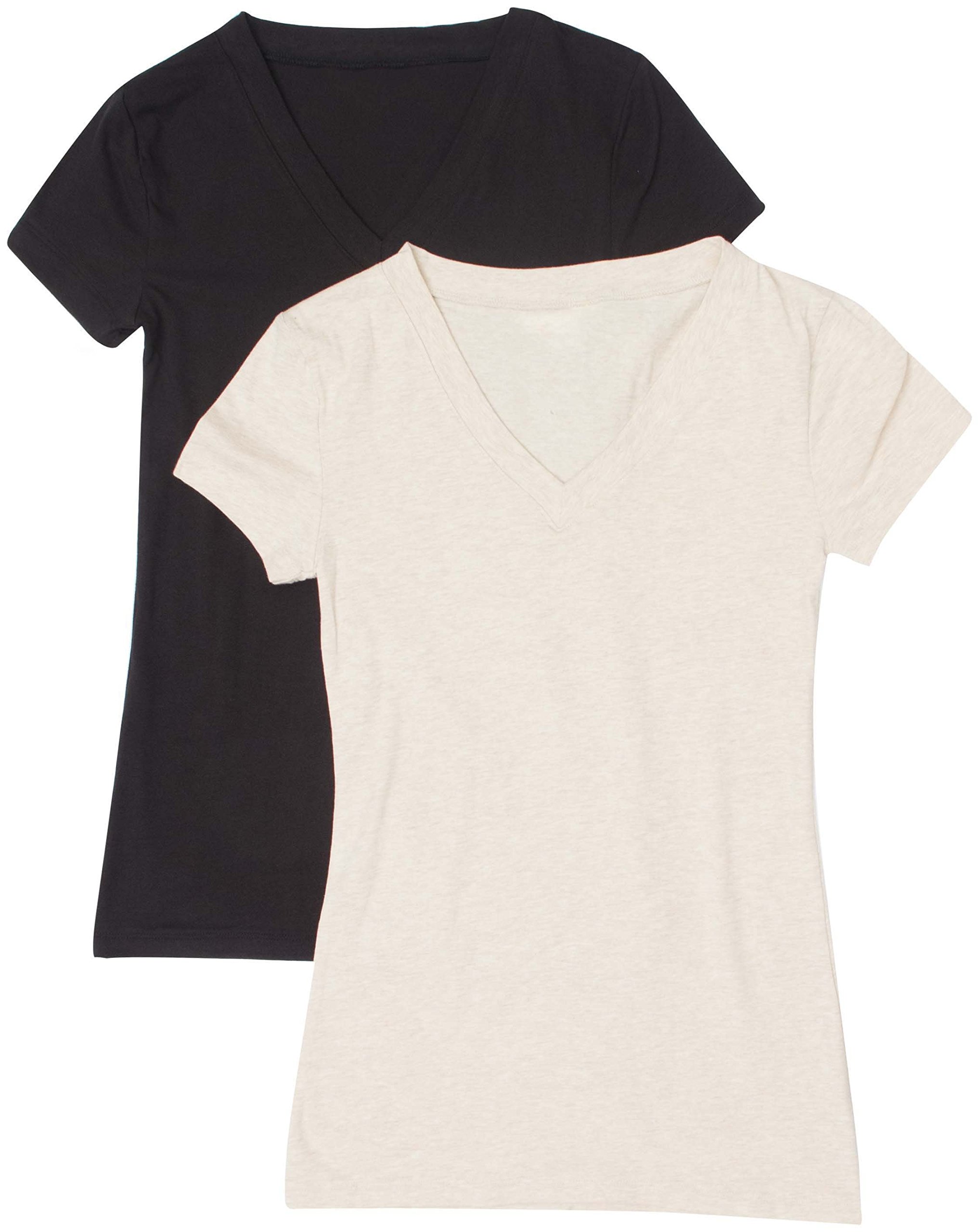 2 Pack Zenana Women's Basic V-Neck T-Shirts - Soft Cotton Casual Tees in Small Black & H Beige | Perfect for Everyday Wear, Layering & Lounge Outfits