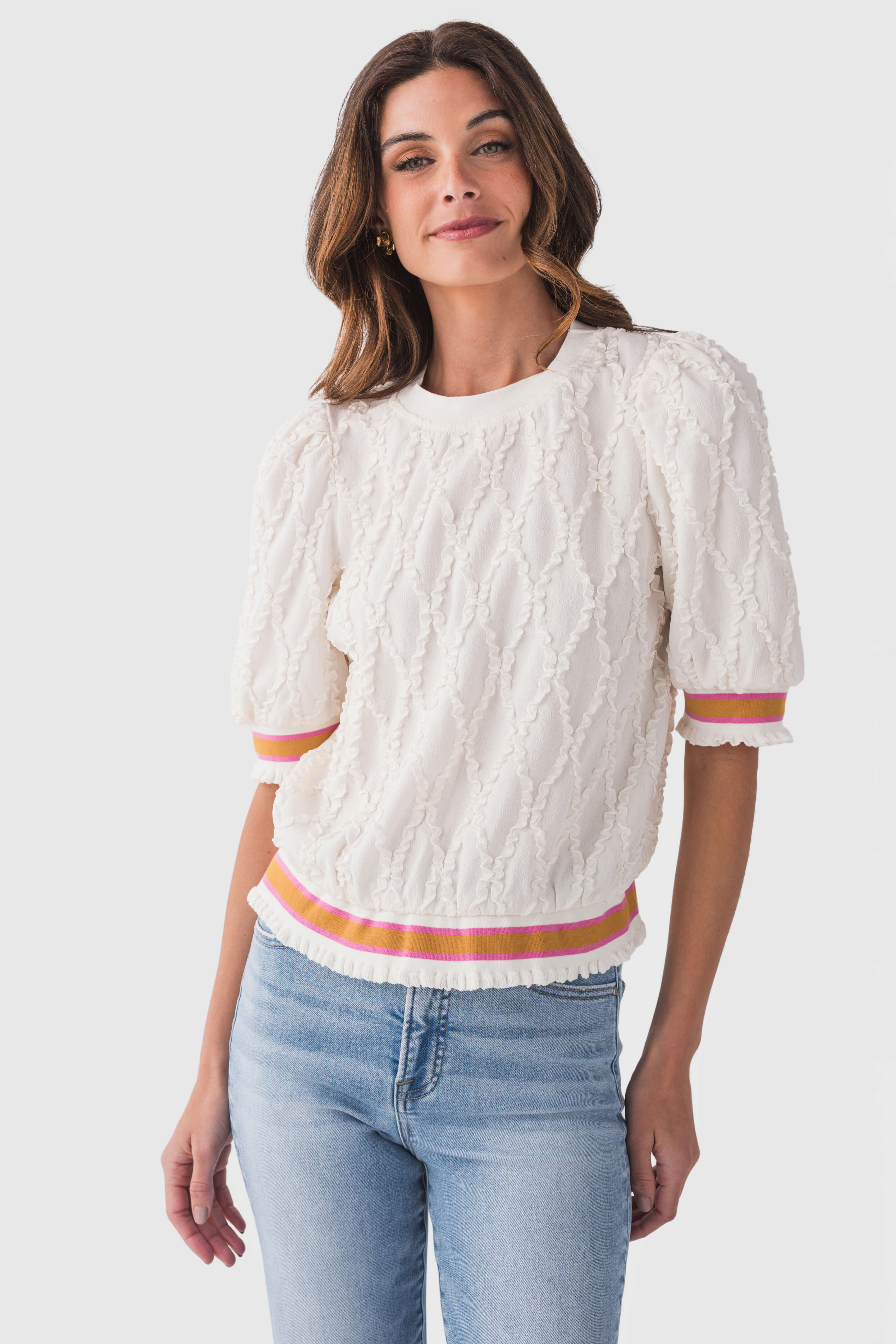 Voy Striped Elastic Band Diamond Textured Women's Tops - Casual Stretch Blouse for Work, Party & Everyday Wear