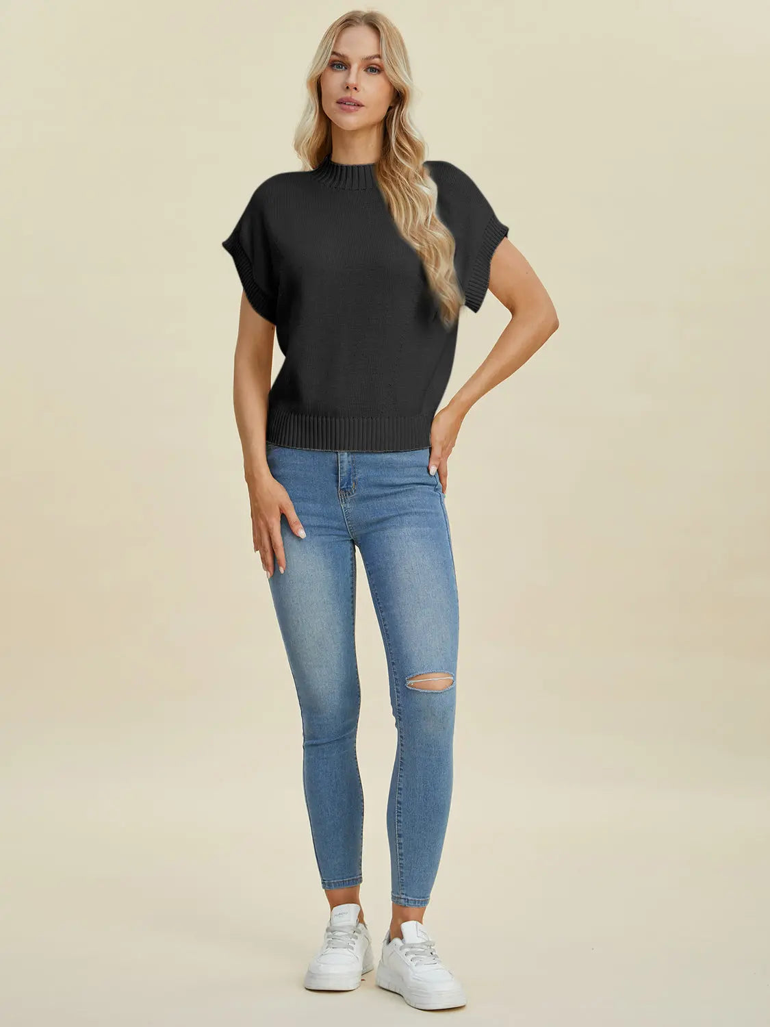 Double Take Full Size Mock Neck Short Sleeve Sweater for Women - Soft Knit Pullover Top for Casual Wear & Office Outfits | Perfect for Fall & Winter Layering
