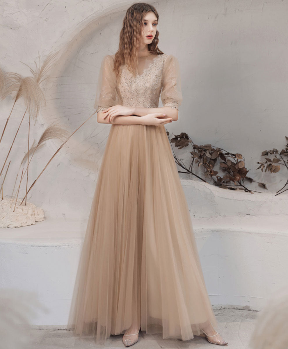 Elegant Champagne High Neck Tulle Lace Long Prom Dress for Women | Formal Evening Gown for Graduation, Homecoming, Wedding Guest & Special Occasions