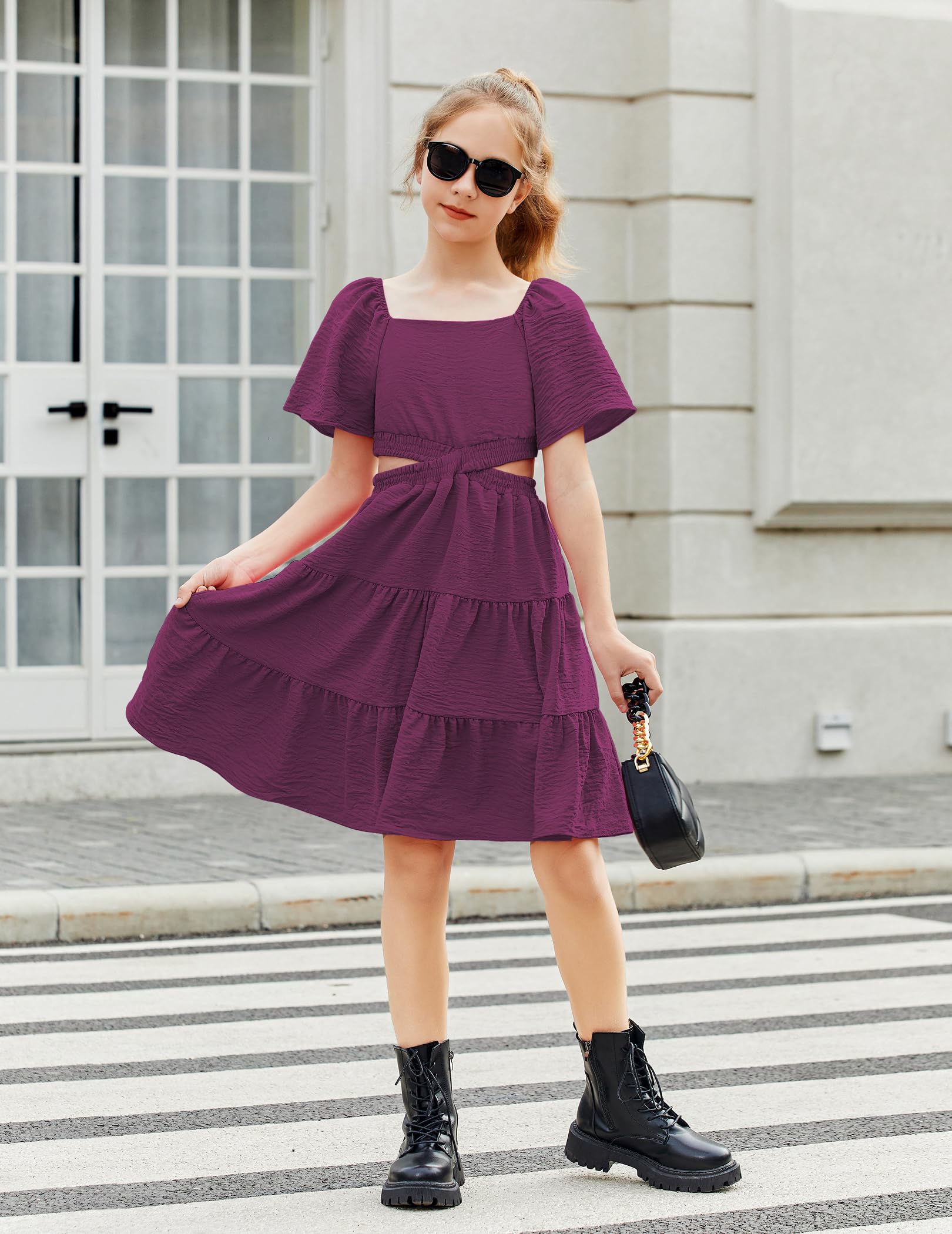 Arshiner Girls Square Neck Cut Out Shirred Party Dress - Cute Tween Summer Dress for Birthday, Photo Shoot & Special Occasions