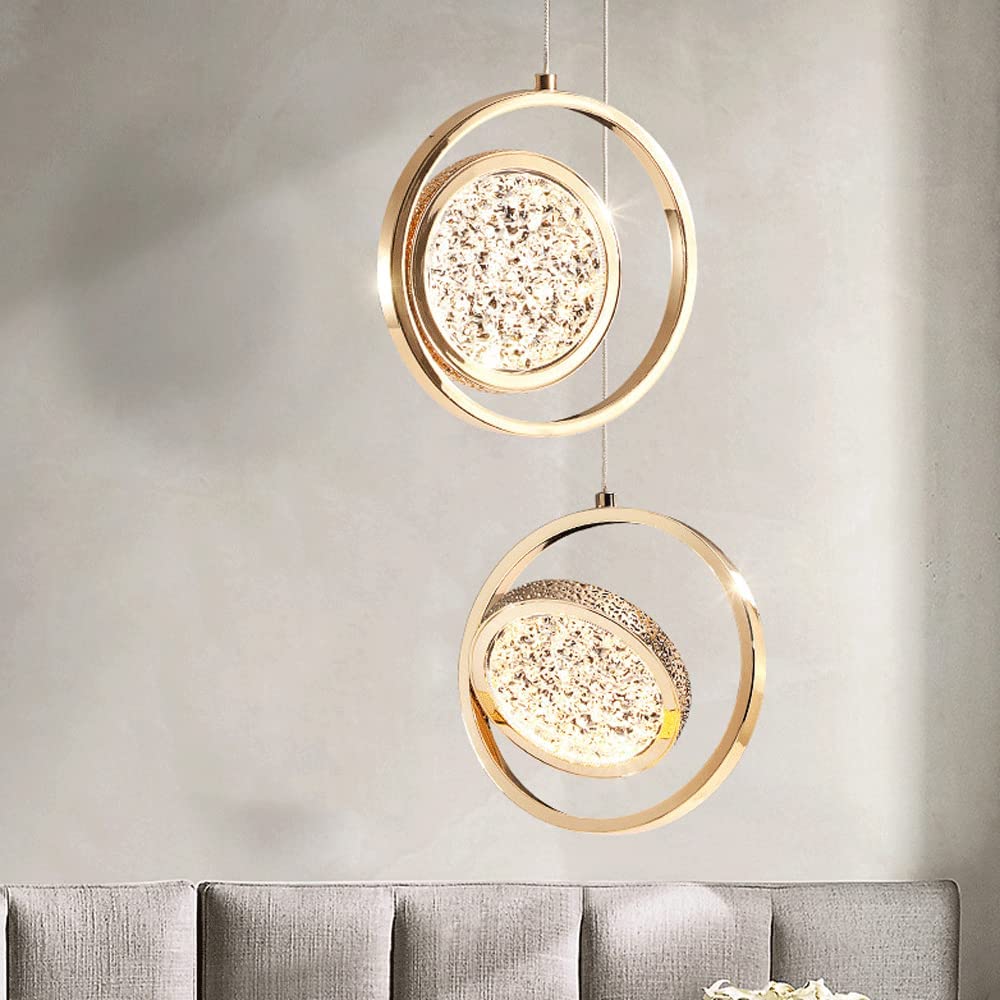 Crystal Glass Pendant Light - Gold Ring Modern LED Hanging Lamp for Kitchen Island, Dining Room, Bedroom & Barn | Luxury Decorative Lighting Fixture for Headboard & Home Decor