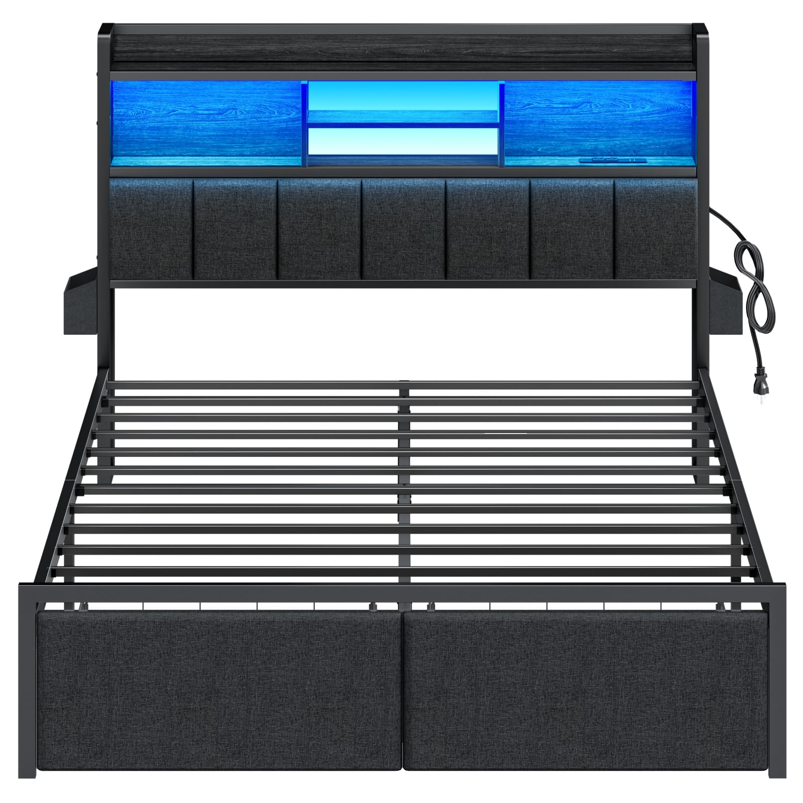Furnulem Queen Size Bed Frame with Storage Drawers & Upholstered Headboard - LED Lights, USB Charging Station, Noise-Free Metal Platform Bed - No Box Spring Needed (Black) | Perfect for Small Bedrooms, Guest Rooms & Modern Apartments