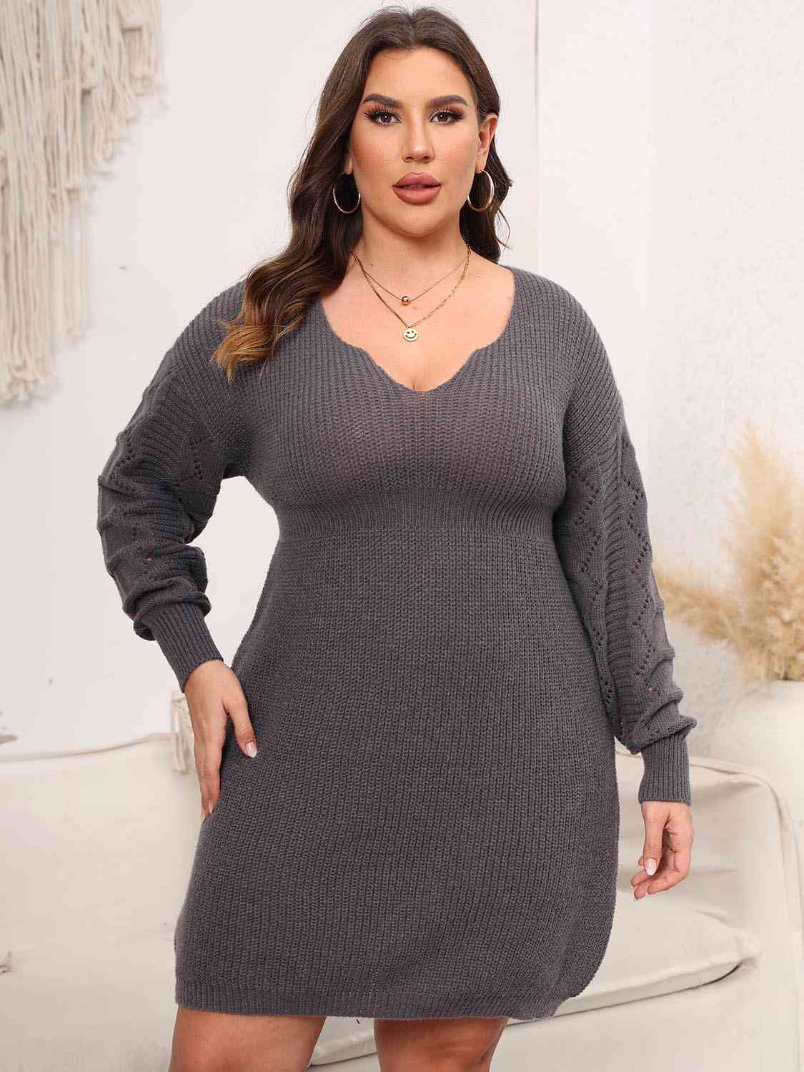 Plus Size Dropped Shoulder Long Sleeve Knit Mini Dress for Women - Comfortable & Stylish Fall Winter Casual Outfit, Perfect for Dating, Parties & Office Wear