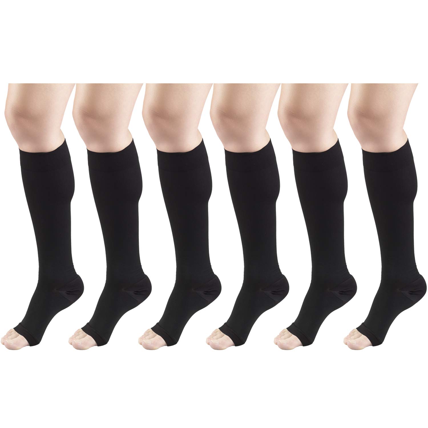 30-40 mmHg Medical Compression Socks for Men & Women - Knee High Open Toe Support Stockings (6 Pairs, Black, Medium) - Ideal for Varicose Veins, Edema, Travel & Post-Surgery Recovery