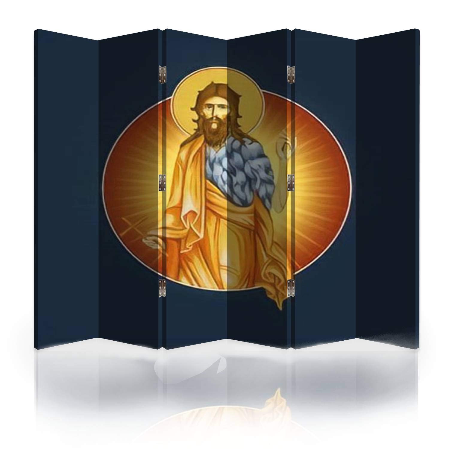 6-Panel Canvas Room Divider Screen with Medallion Design - John The Baptist on Dark Blue Background | Folding Privacy Partition for Bedroom, Office & Living Space