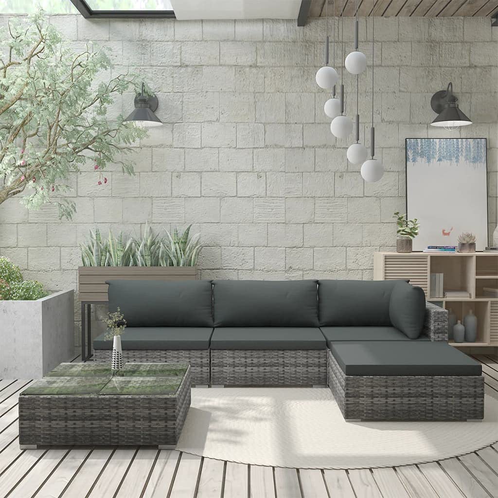 5-Piece All-Weather Outdoor Patio Furniture Set - Gray Poly Rattan Sectional Sofa with Cushions & Coffee Table - Perfect for Garden, Poolside, Balcony, Backyard & Deck Relaxation