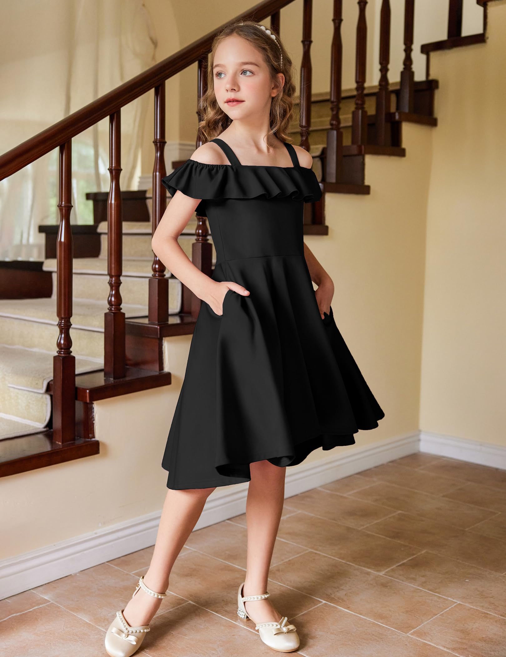Arshiner Girls Summer Dress - Off Shoulder Flutter Sleeve Midi Swing Dress with Pockets | Casual & Formal Wear for Kids | Perfect for Beach, Party & Everyday Outfits