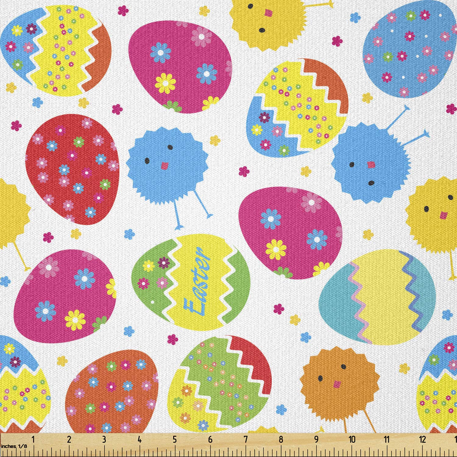 Ambesonne Easter Fabric by The Yard - Cartoon Chicken & Colorful Eggs with Daisy Blossoms Stretch Knit - 10 Yards Multicolor Fabric for Clothing Sewing, DIY Crafts, Easter Decorations & Home Projects