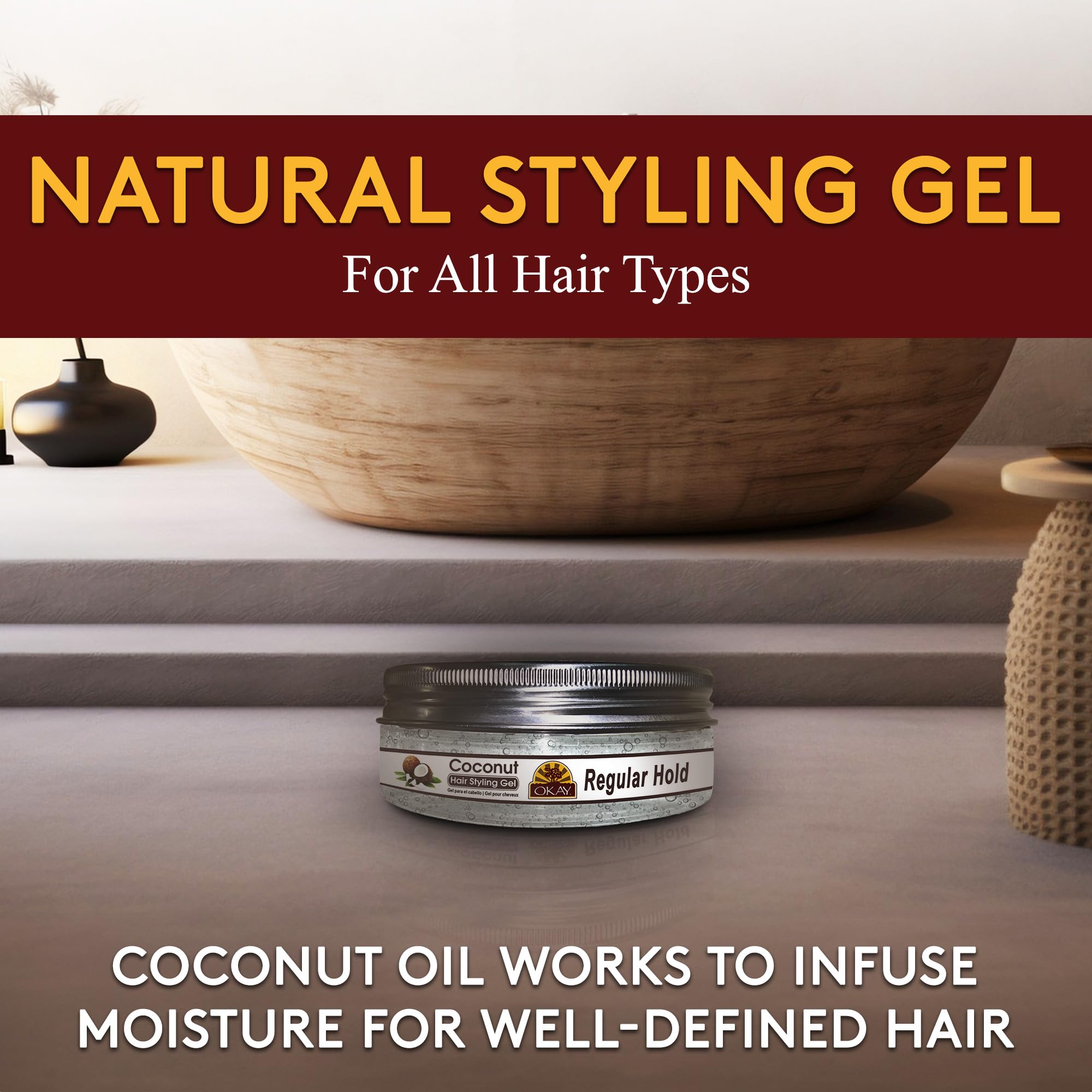 OKAY Coconut Hair Styling Gel - Medium Hold 7.25oz for Men & Women | Natural Frizz Control & Shine | Perfect for Curly, Wavy & Straight Hair Styles