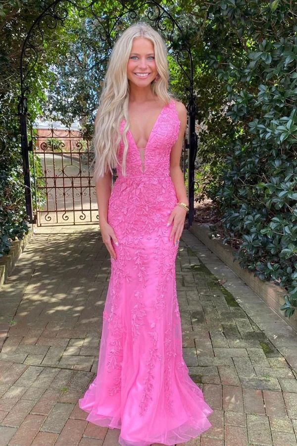 Elegant Hot Pink Mermaid Prom Dress with Deep V Neck & Appliques - Perfect for Homecoming, Pageants & Formal Events - Style J3716