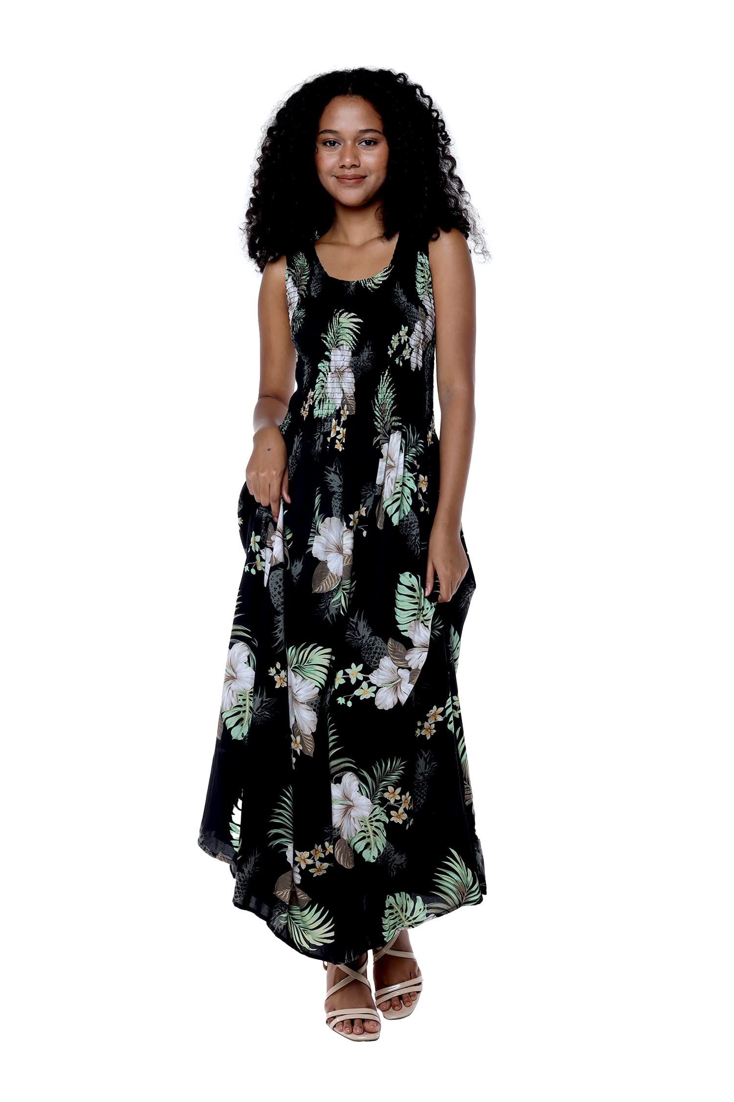 Women's Floral Hawaiian Maxi Dress - Stretchy Elastic Tank Summer Luau Dress with Pineapple Print - Perfect for Beach Vacations, Garden Parties & Tropical Getaways