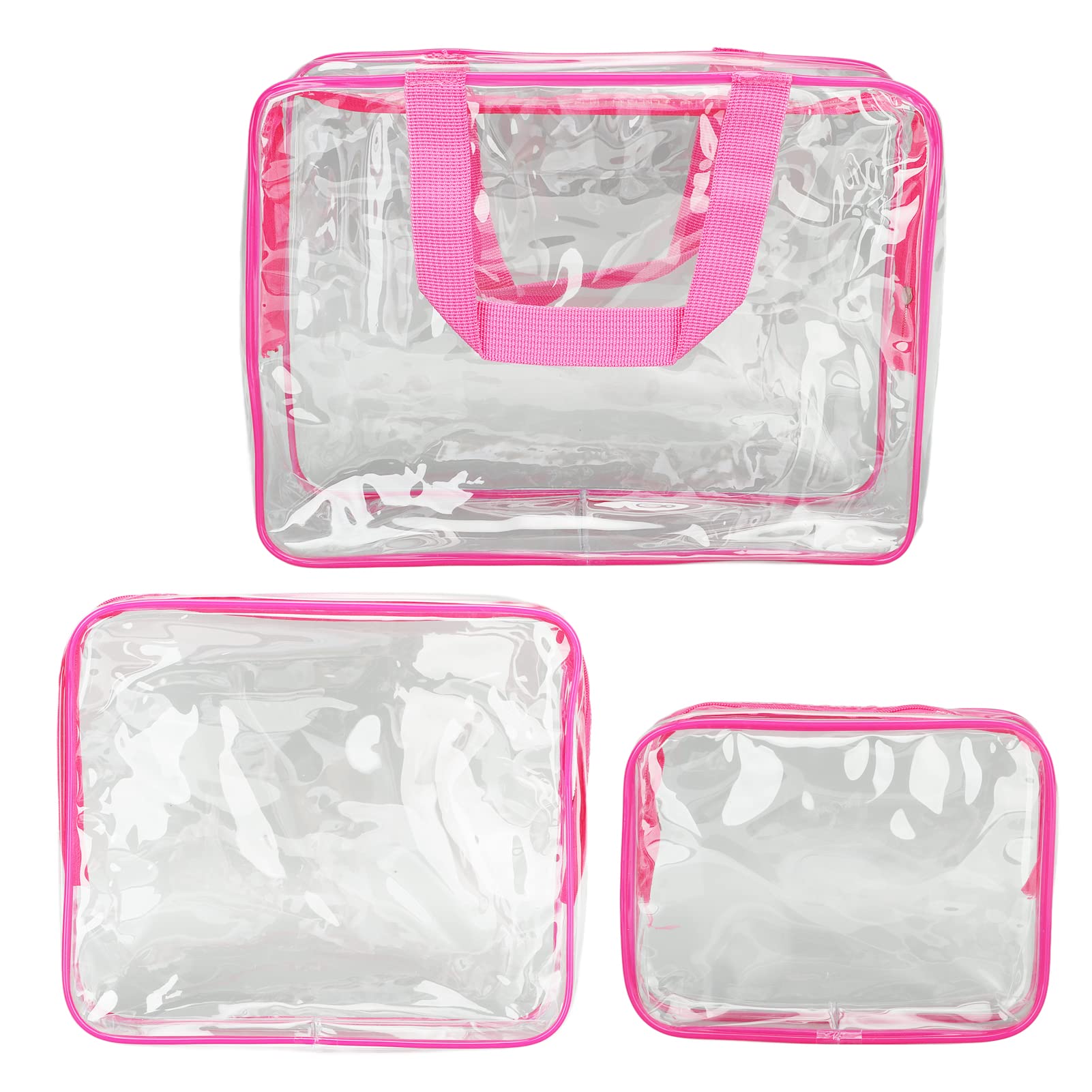 3-Piece Large Capacity Clear Travel Cosmetic Bags - Waterproof PVC, Easy to Clean with Carrying Handle - Perfect for Gym, Fitness, Travel & Toiletries Organization (Rose Red)